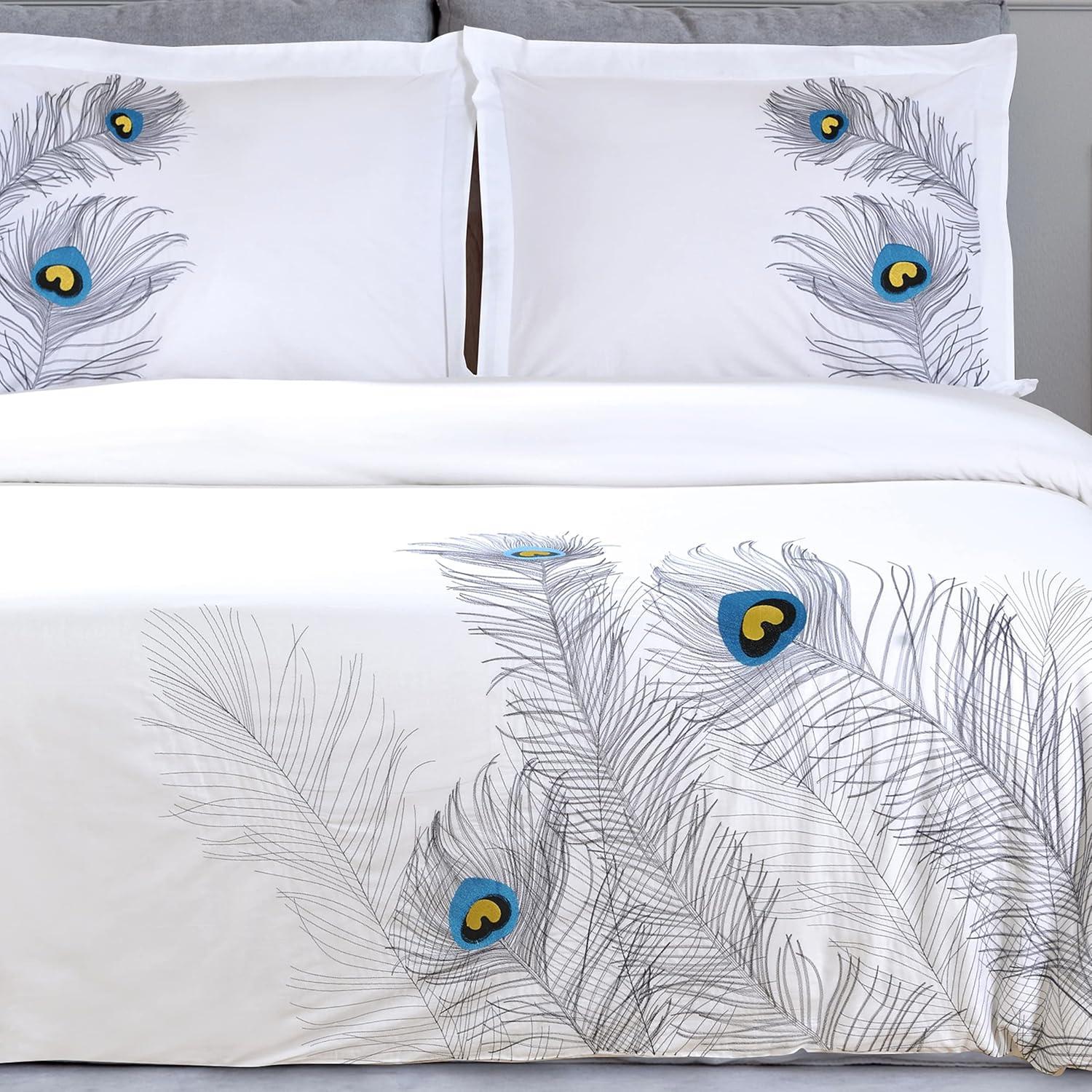 Silver Embroidered Peacock Cotton King/California King Duvet Cover Set