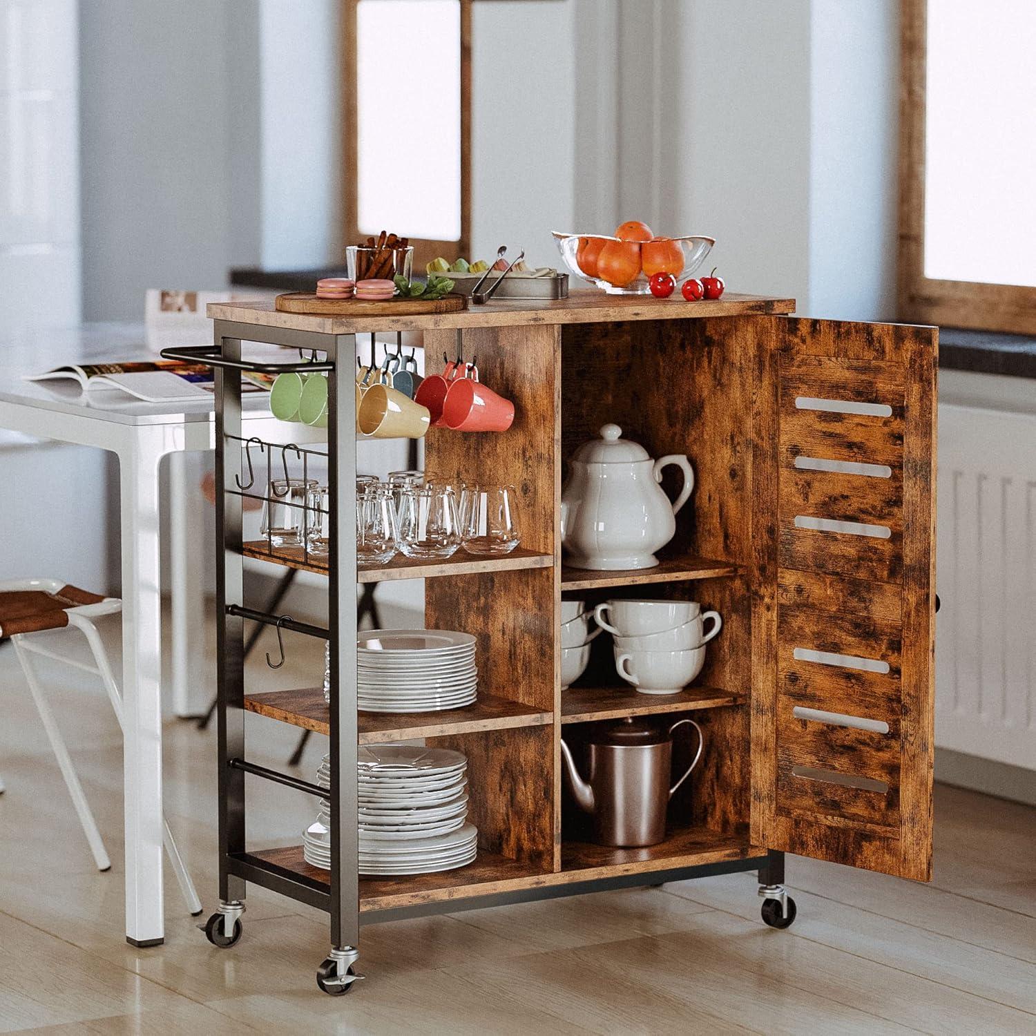 Industrial Brown Wood Kitchen Cart with Storage and Wheels