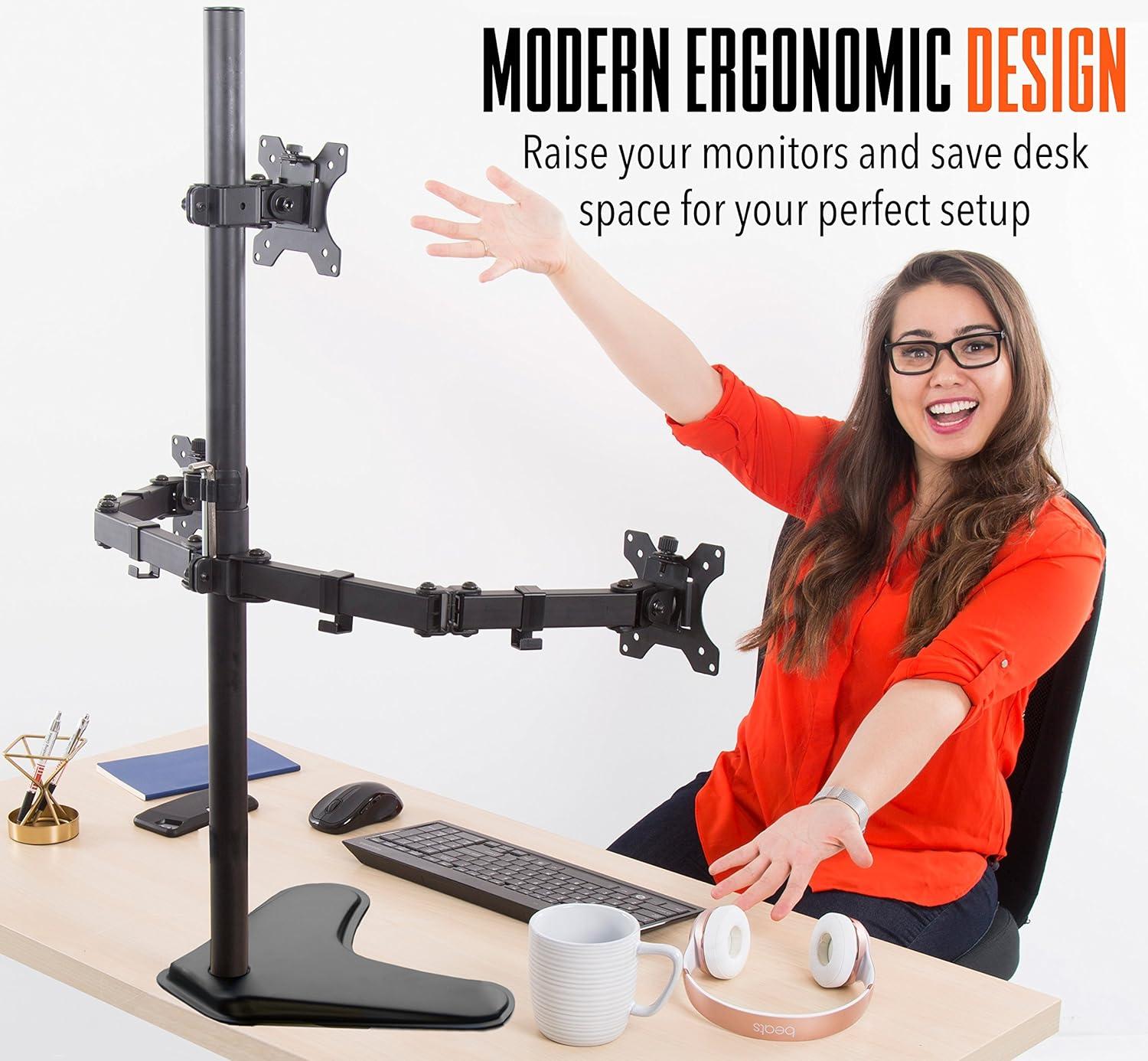 Triple Monitor Mount – Freestanding Monitor Arm with 3 Adjustable VESA Mounts – Black – Stand Steady