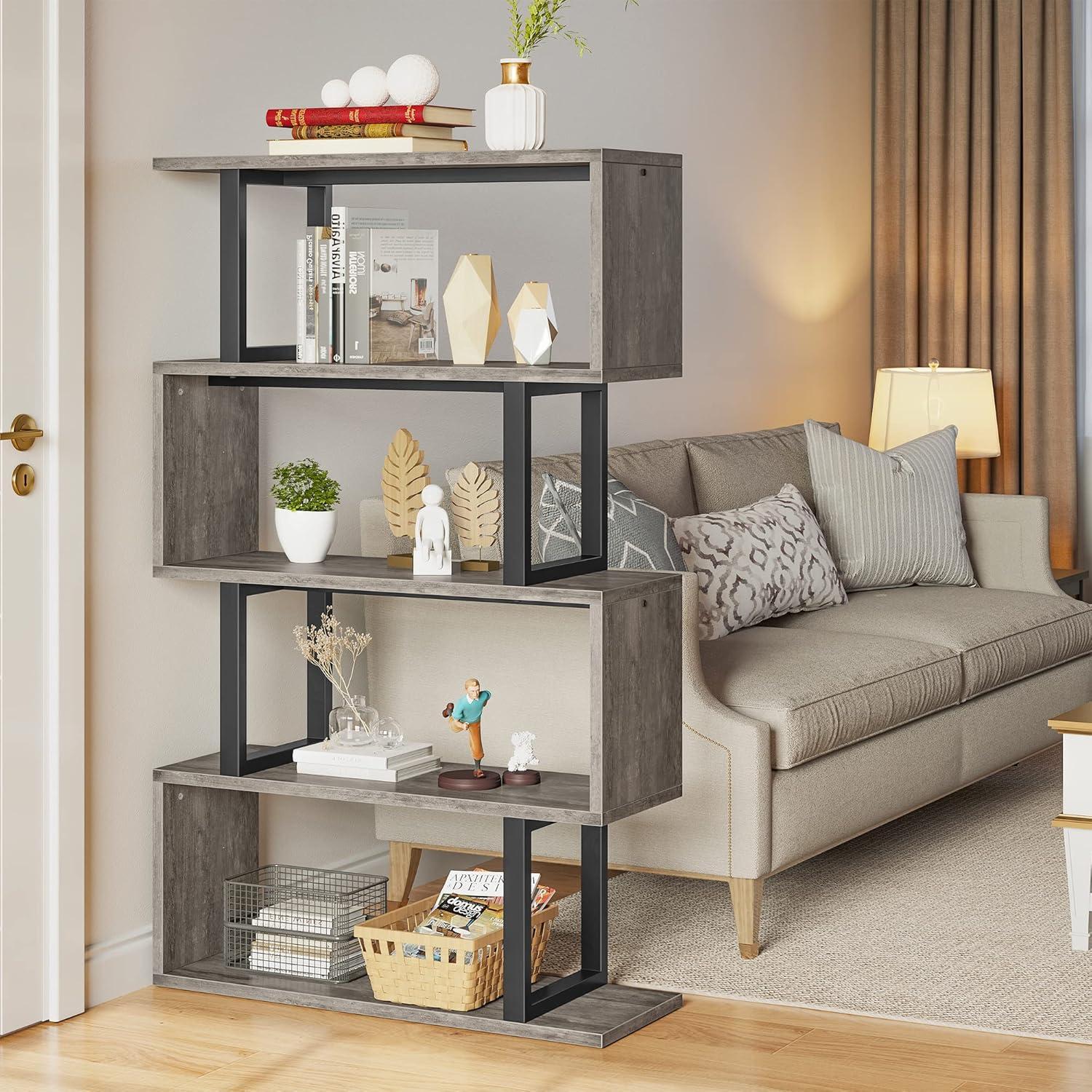 Gray and Black S-Shaped 5-Tier Industrial Bookshelf