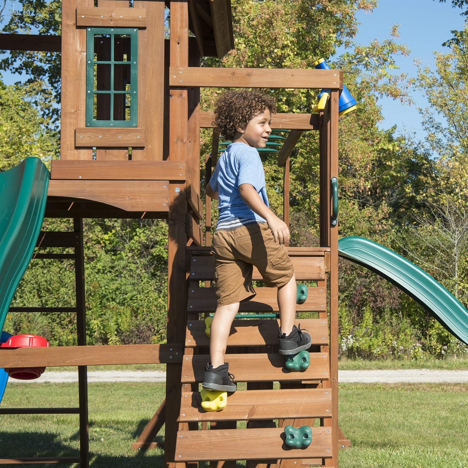 Swing-N-Slide Super Knightsbridge WS 8354 Wood Backyard Swing  Set with Two Wave Slides, Wood Roof, Monkey Bars, Rock Wall, Music Play, and Swings