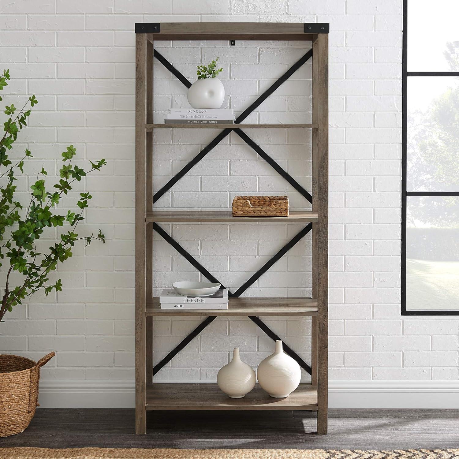 64" Farmhouse Metal X Bookcase - Gray Wash