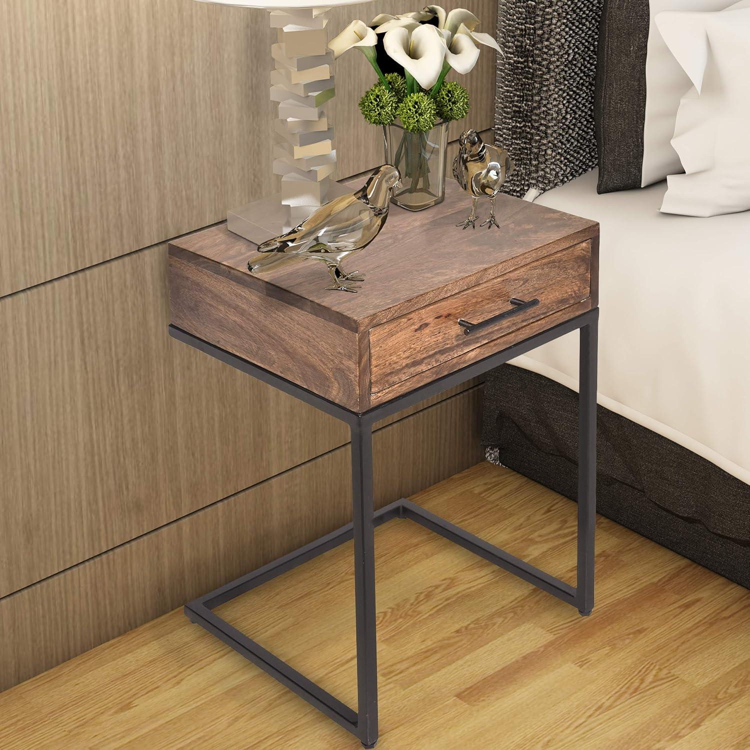 Brown Mango Wood Side Table with Black Iron Base and Drawer