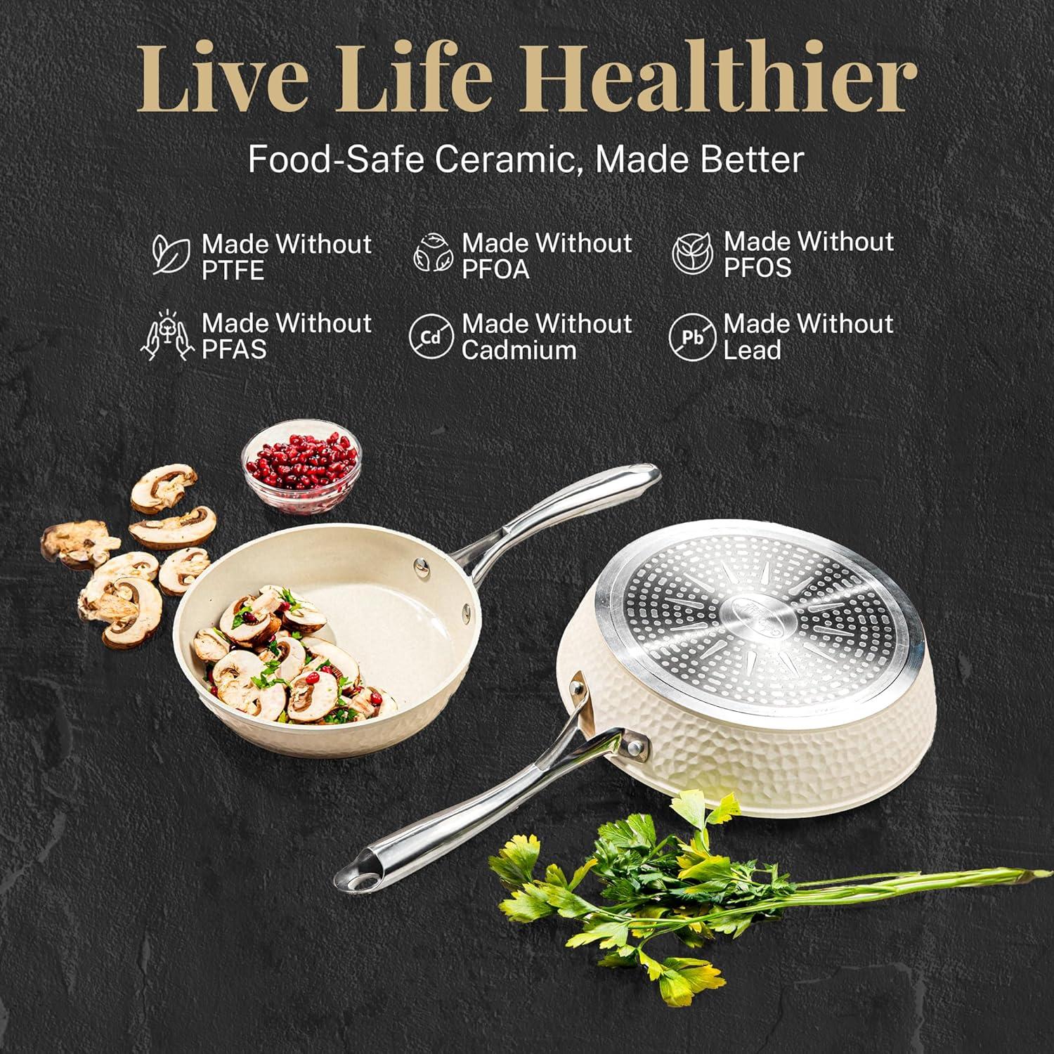 Gotham Steel Nonstick Pots and Pans 15 Piece Set Ceramic Cookware Kitchen Set Hammered Includes Frying Skillet, Cream