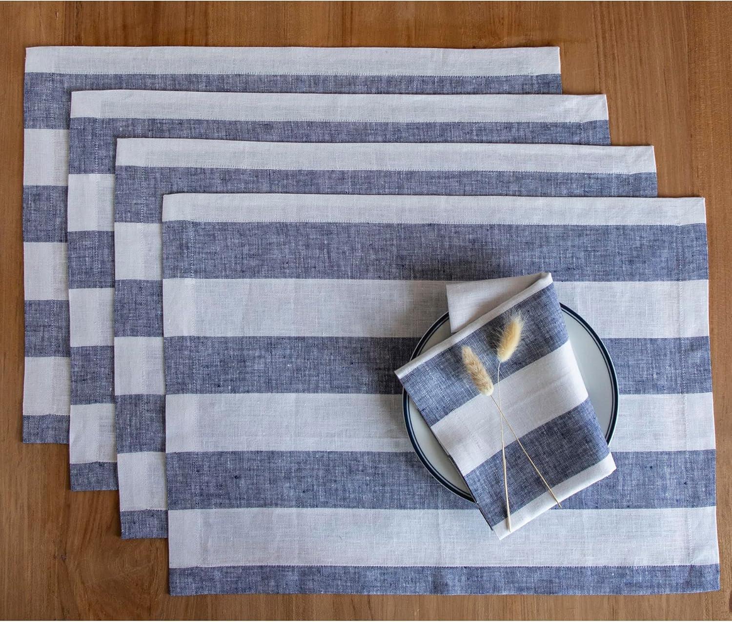 Solino Home Cabana Stripe - 100% Pure Linen Dinner Napkins (Set of 4)