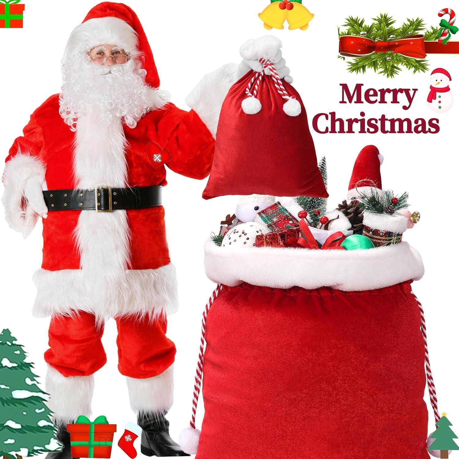 2 Pcs Christmas Velvet Bags with Drawstring Large Plush Santa Sack Christmas Gift Bags in 2 Size for Xmas Package Storage Bags