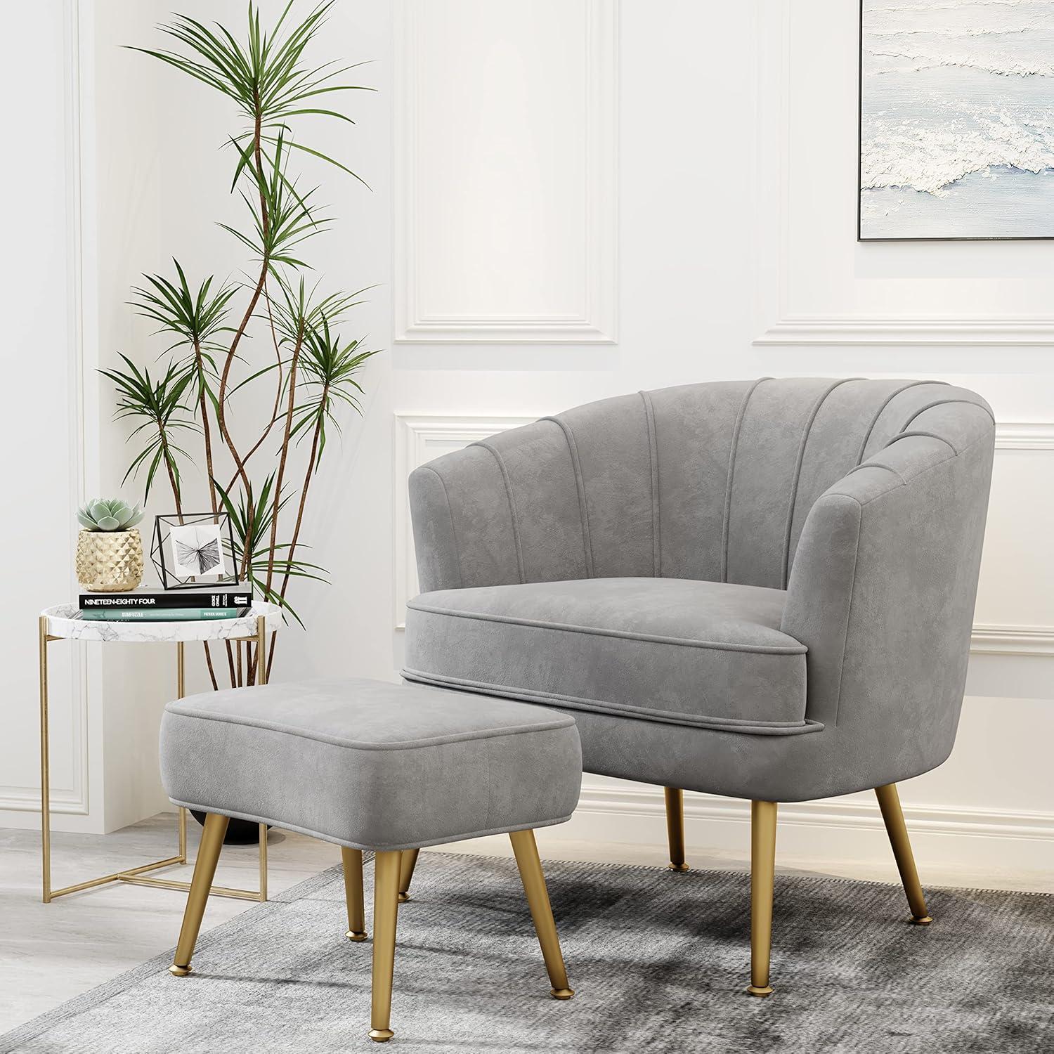 Gray Velvet Barrel Accent Chair with Ottoman and Gold Legs