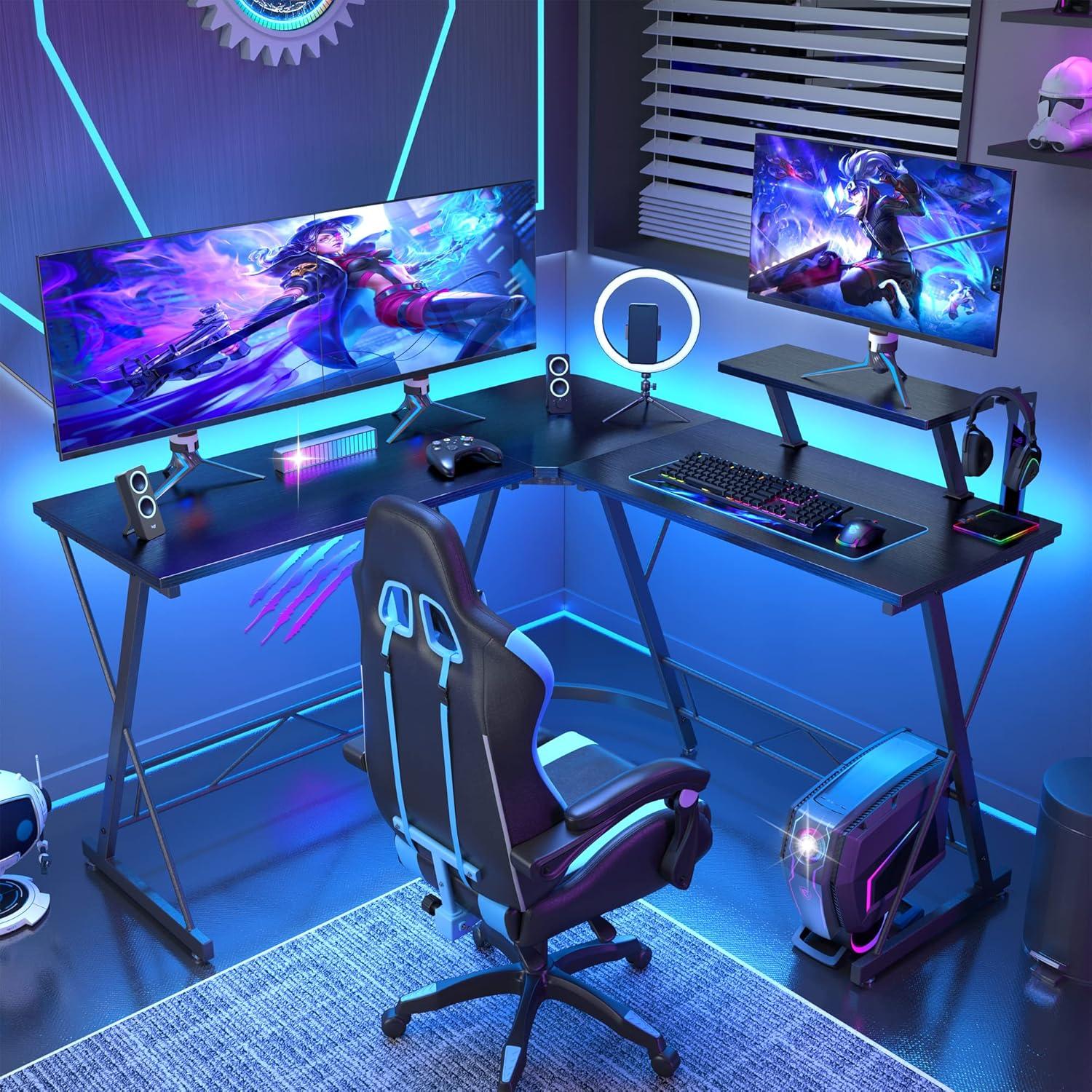 Mr Ironstone L Shaped Gaming Desk Corner Computer Desk, Home Office Desks Writing Workstation with Large Monitor Stand (51 Inch)