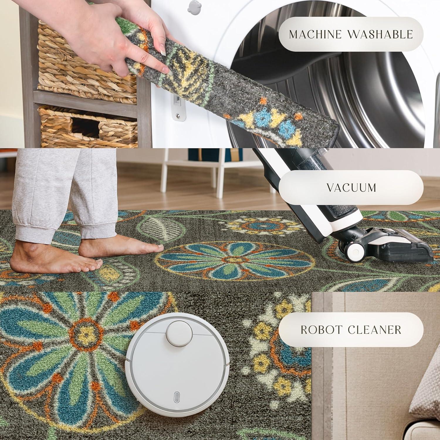 Gray Floral Tufted Washable Accent Rug