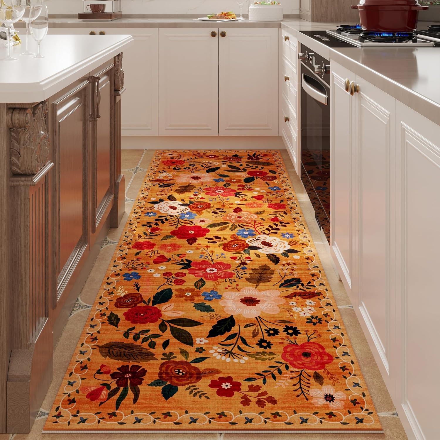 Yellow Orange Floral Washable Wool Runner Rug with Non-slip Backing