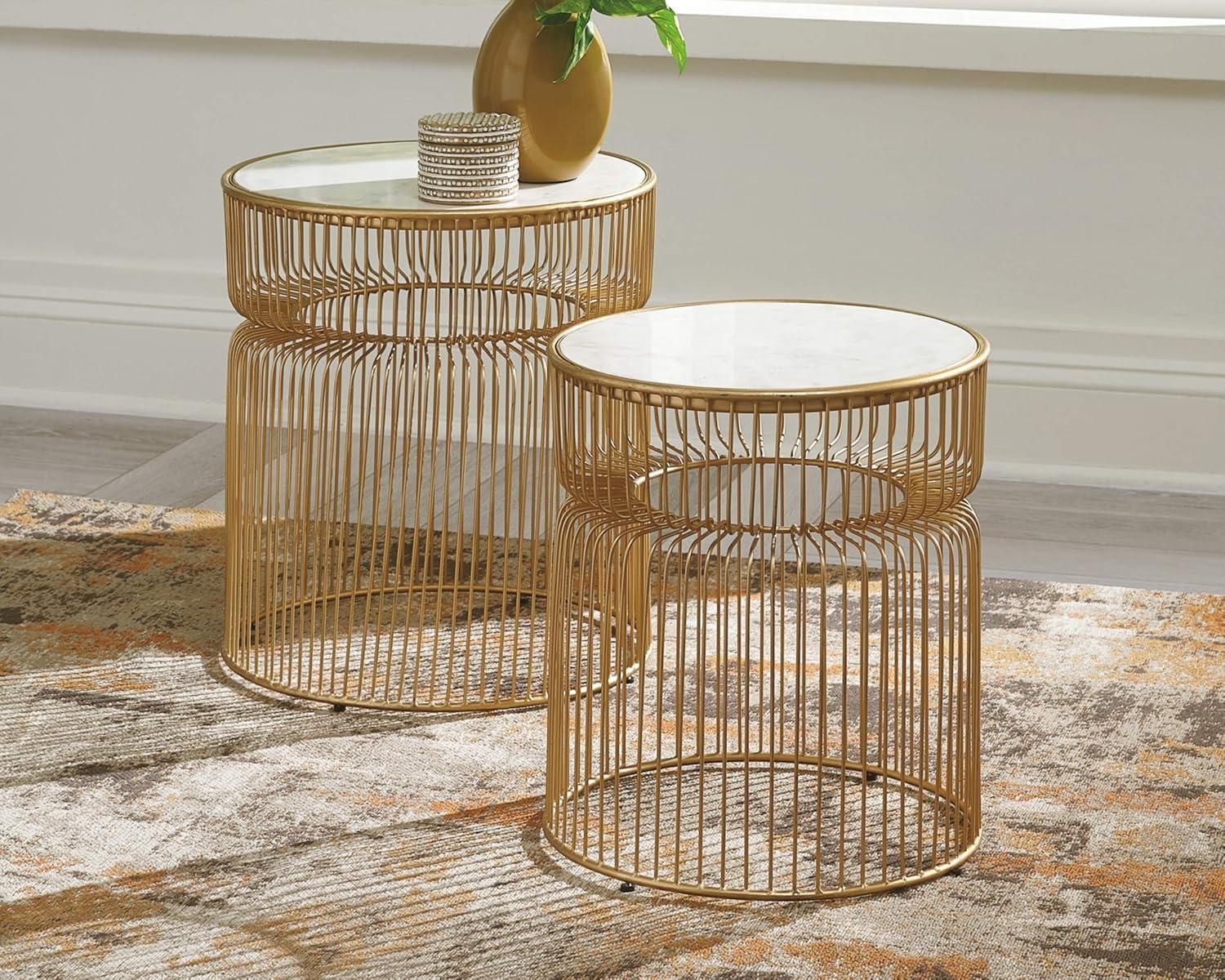 Set of 2 Vernway Side Tables White/Gold - Signature Design by Ashley: Marble Top, Contemporary Living Room Furniture Set