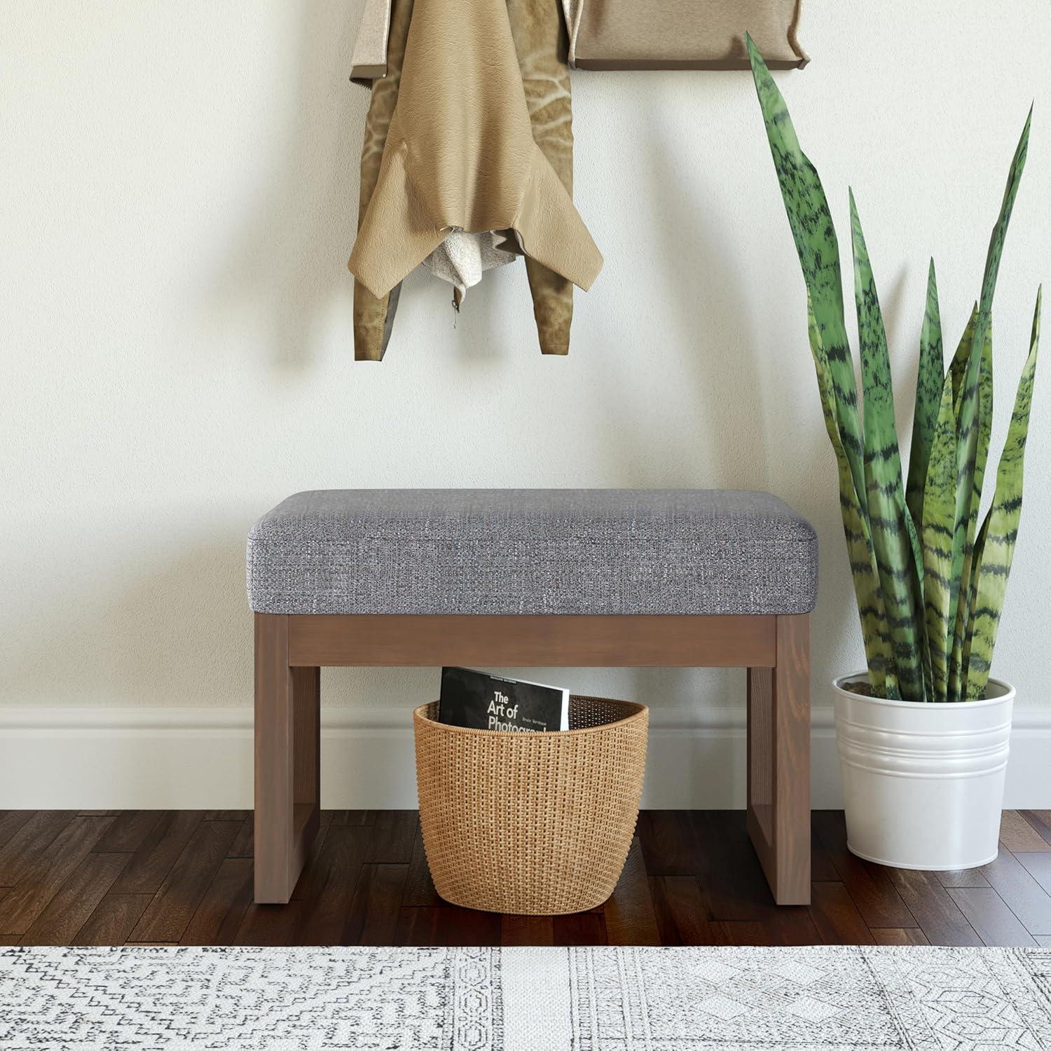 Pebble Grey Tweed Upholstered Footstool with Wooden Legs