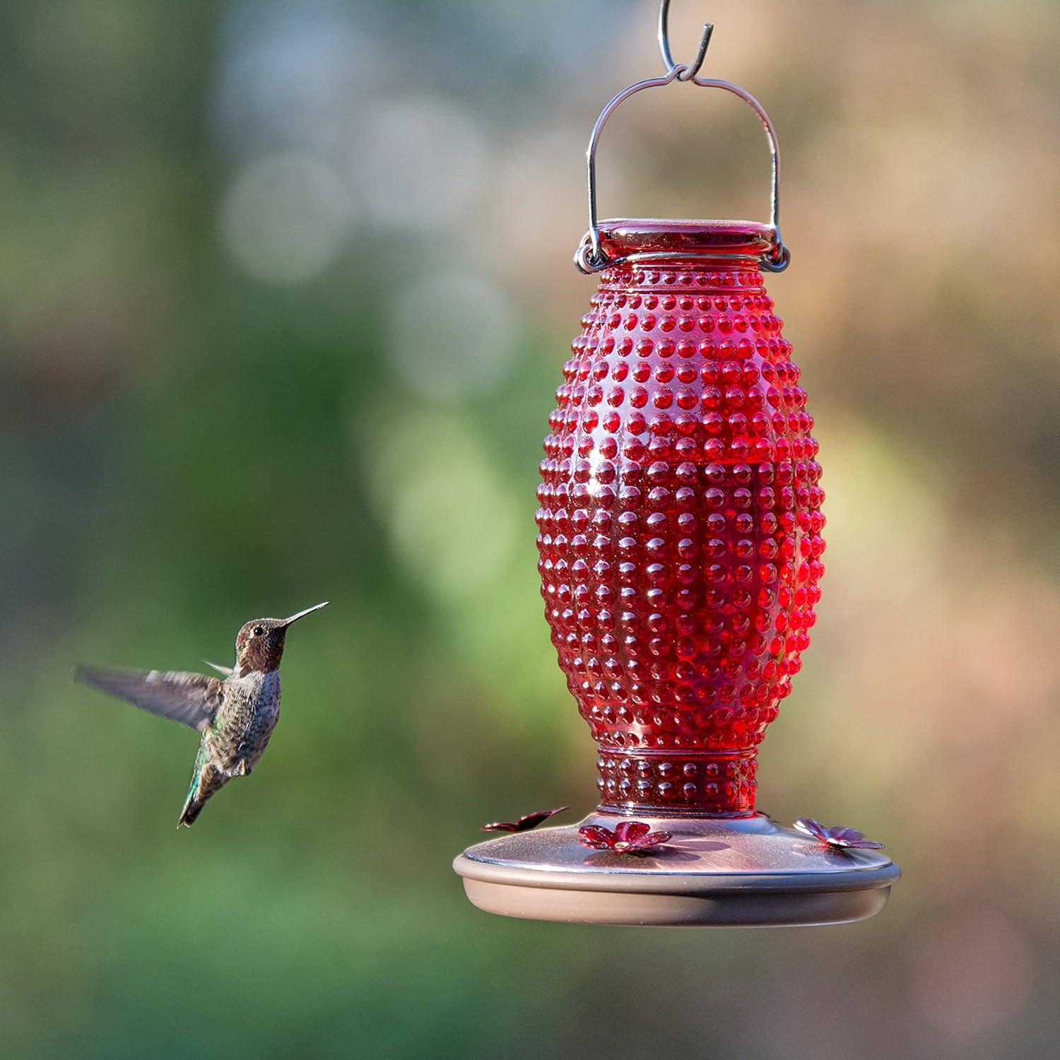 Red Hobnail Glass and Metal Hanging Hummingbird Feeder