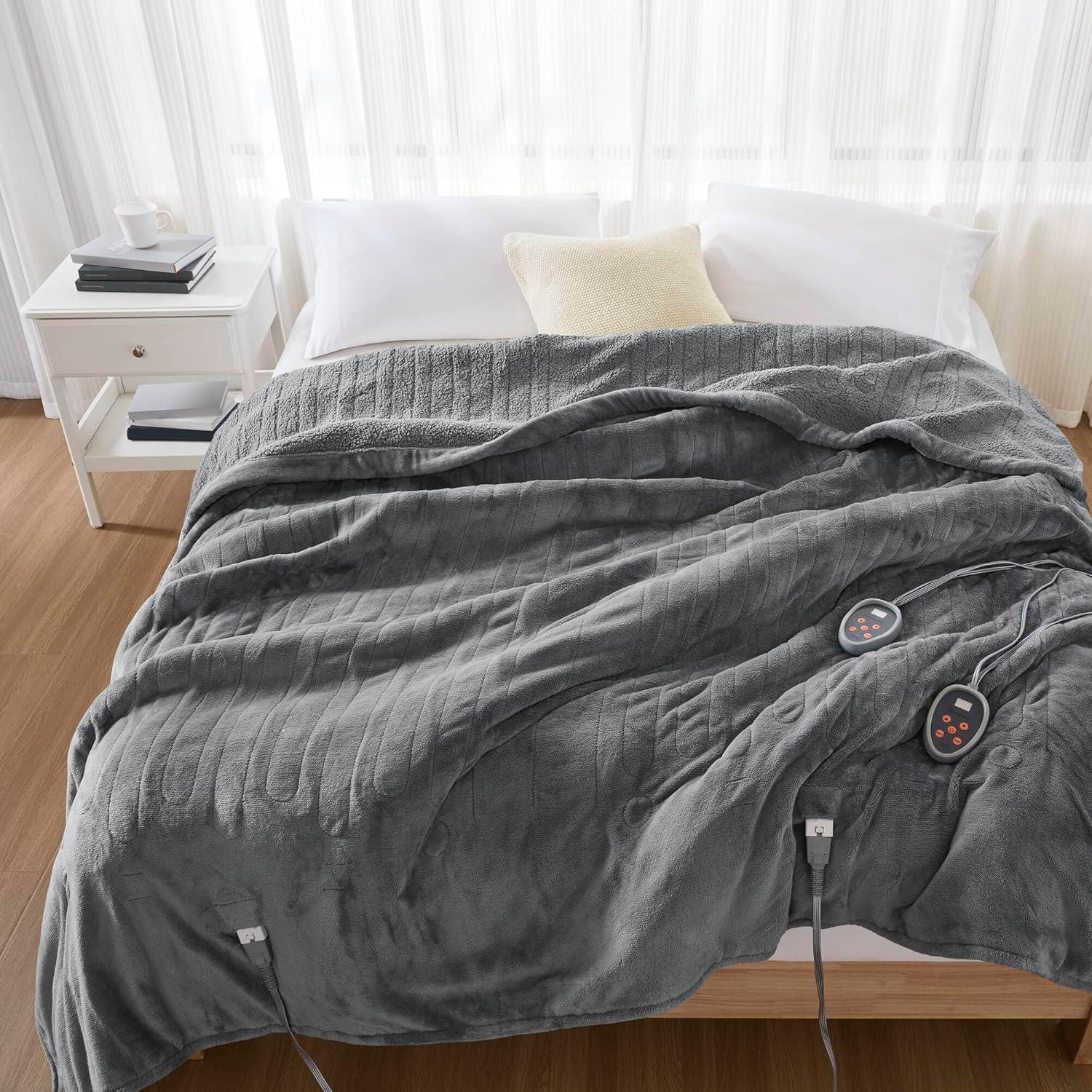 Twin Gray Reversible Fleece Heated Blanket with Controller