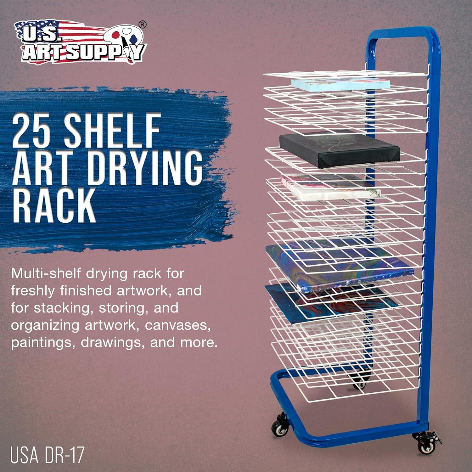 U.S. Art Supply 25 Shelf Art Drying Rack for Classrooms and Studios - Mobile Wheels, Wall Mountable, 25 Removable Shelves - Stack Store Artwork, Canvases Paintings Drawings - 14.5" D x 17.5" W x 38" H