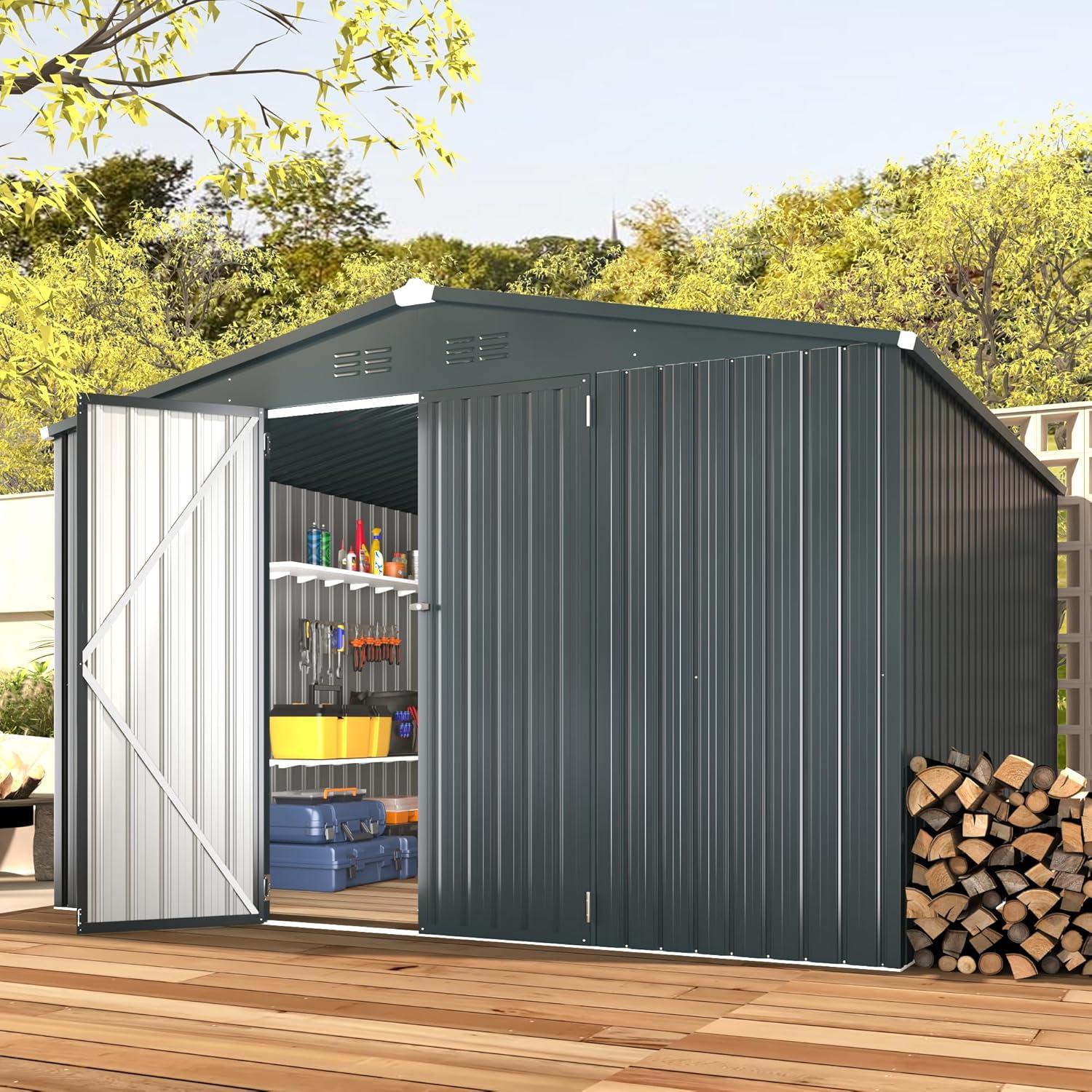 Dark Gray 10' x 10' Steel Outdoor Storage Shed with Lockable Doors