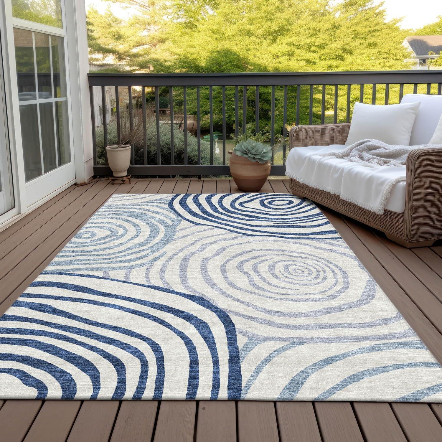 Blue and Off-White Synthetic Flat Woven 8' x 10' Rug