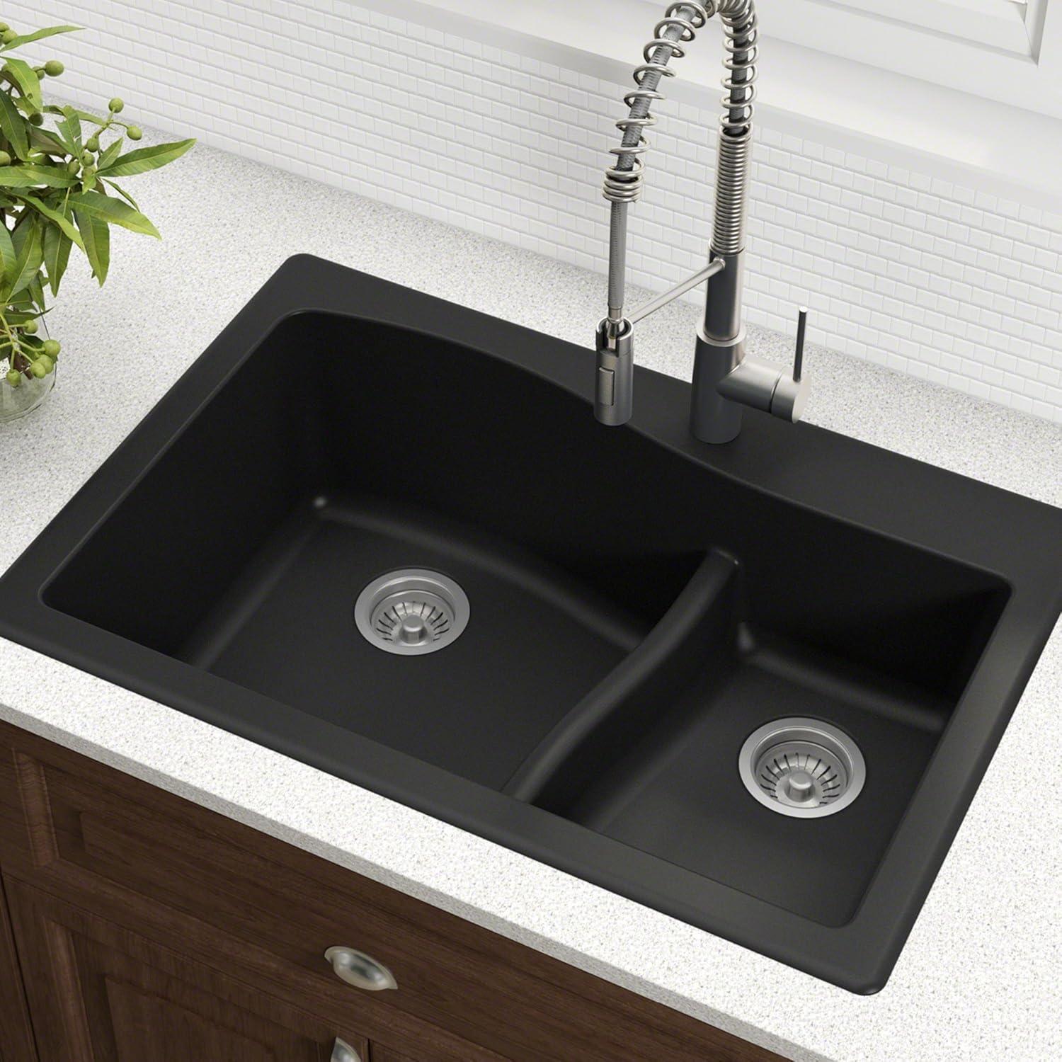 KRAUS Quarza 33-in Dual Mount Double Bowl Granite Kitchen Sink with WasteGuard™ Garbage Disposal