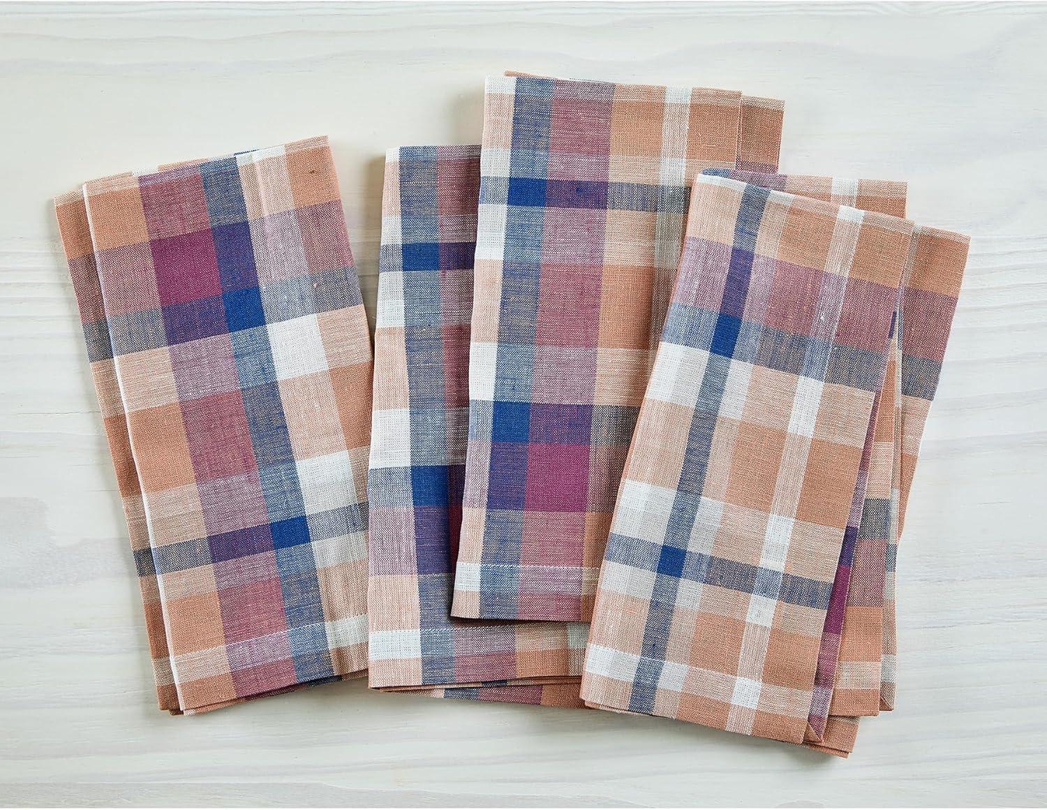 Fall Flavors Madras - 100% Pure Linen Dinner Napkins (Set of 4)