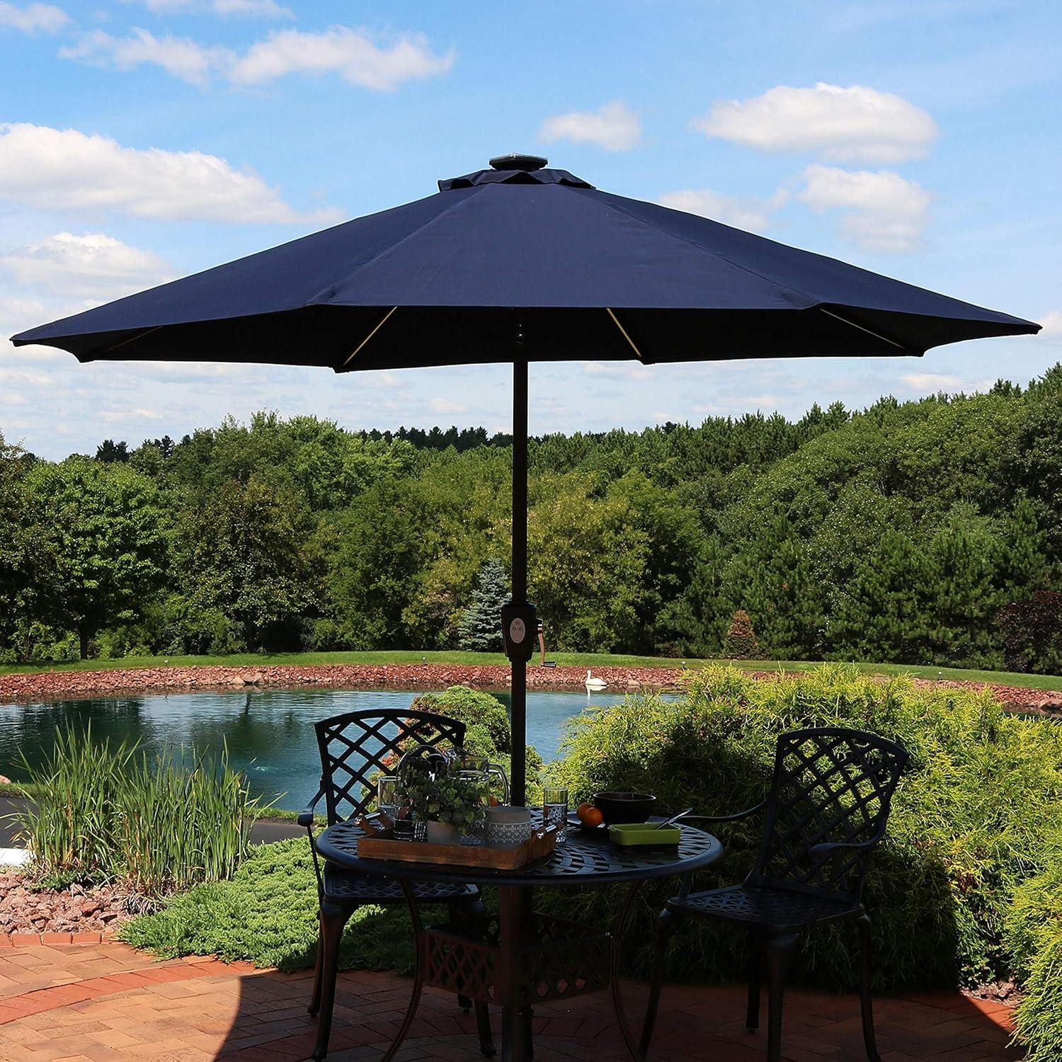 Sunnydaze Outdoor Solution-Dyed Sunbrella Pool Patio Umbrella with Solar LED Light Bars and Tilt - 9' - Navy Blue