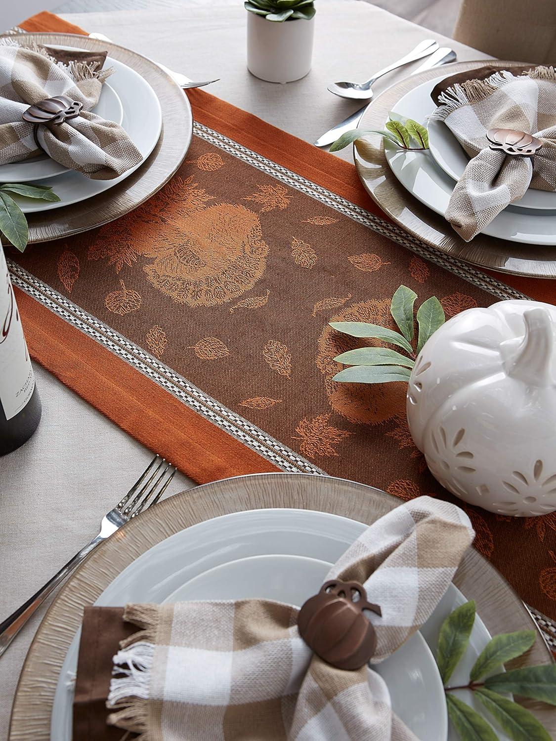 Contemporary Home Living 14" x 72" Orange and Brown Fall Harvest Feast Jacquard Rectangular Table