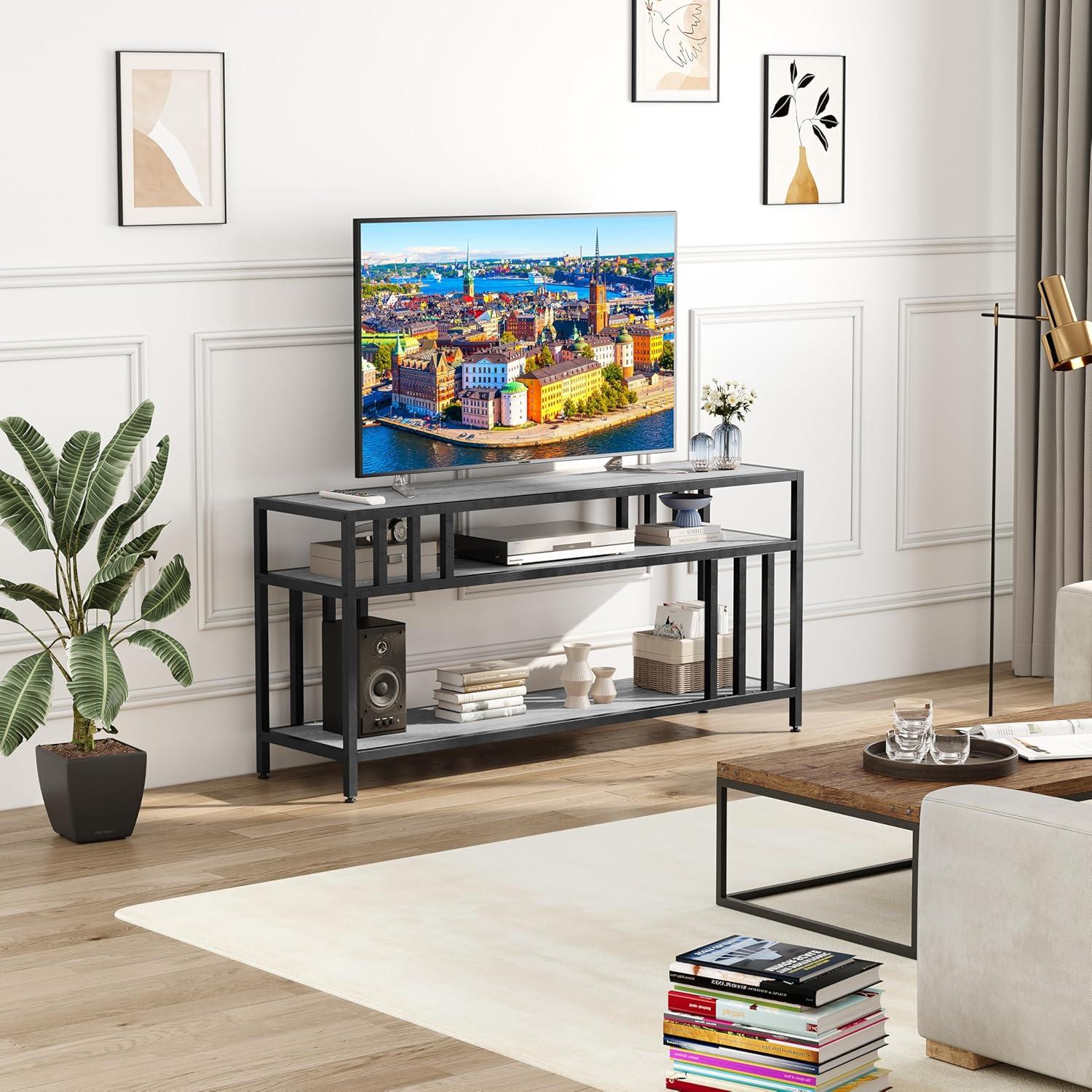 GarveeHome 58'' TV Stand for TV up to 65 Inches, Entertainment Center with Open Storage Shelves, TV Media Console Table with Quadruple-Tube Support for Living Room, Bedroom - 58" Grey