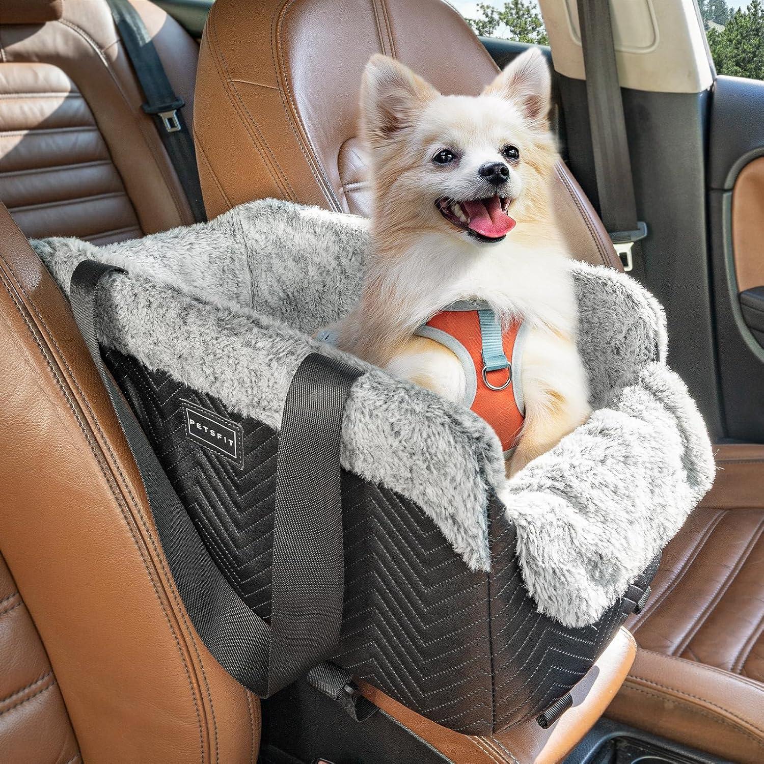PETSFIT Small Dog Car Seat, Portable Dog Seat for Car with Safe Protective Hooks, Luxury Dog Console Car Seat,Up to 12 lbs,Grey