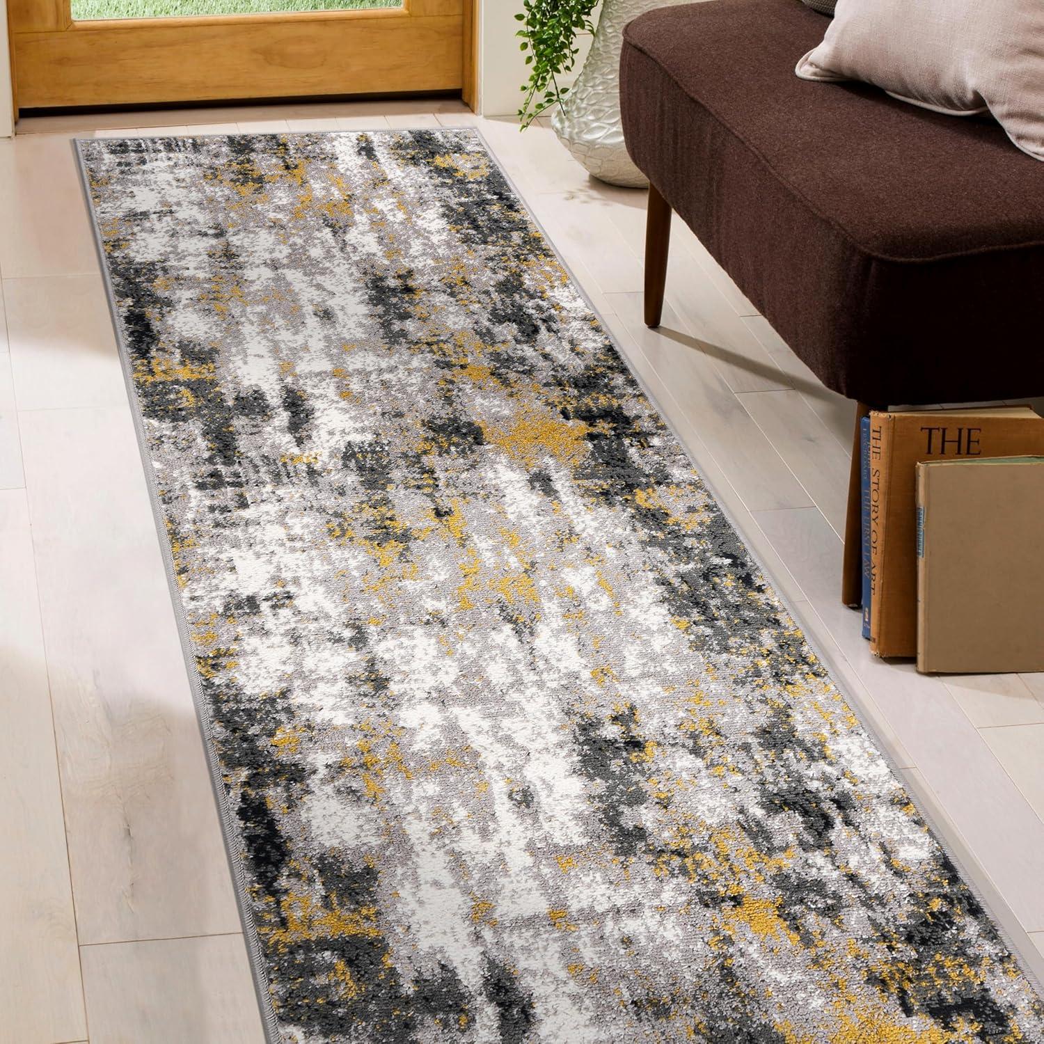 Yellow and Gray Modern Abstract Stain-Resistant Runner Rug