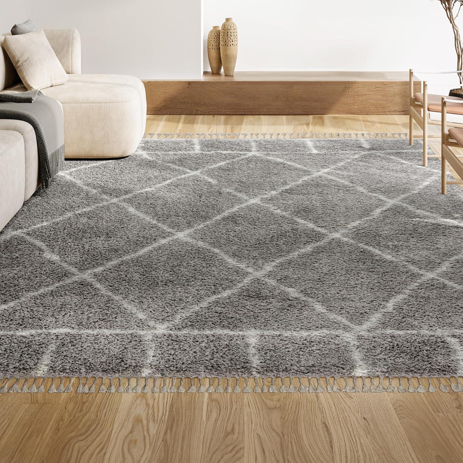 4'x6' Mercer Shag Plush Tassel Moroccan Geometric Trellis Area Rug, Grey/Cream - JONATHAN Y