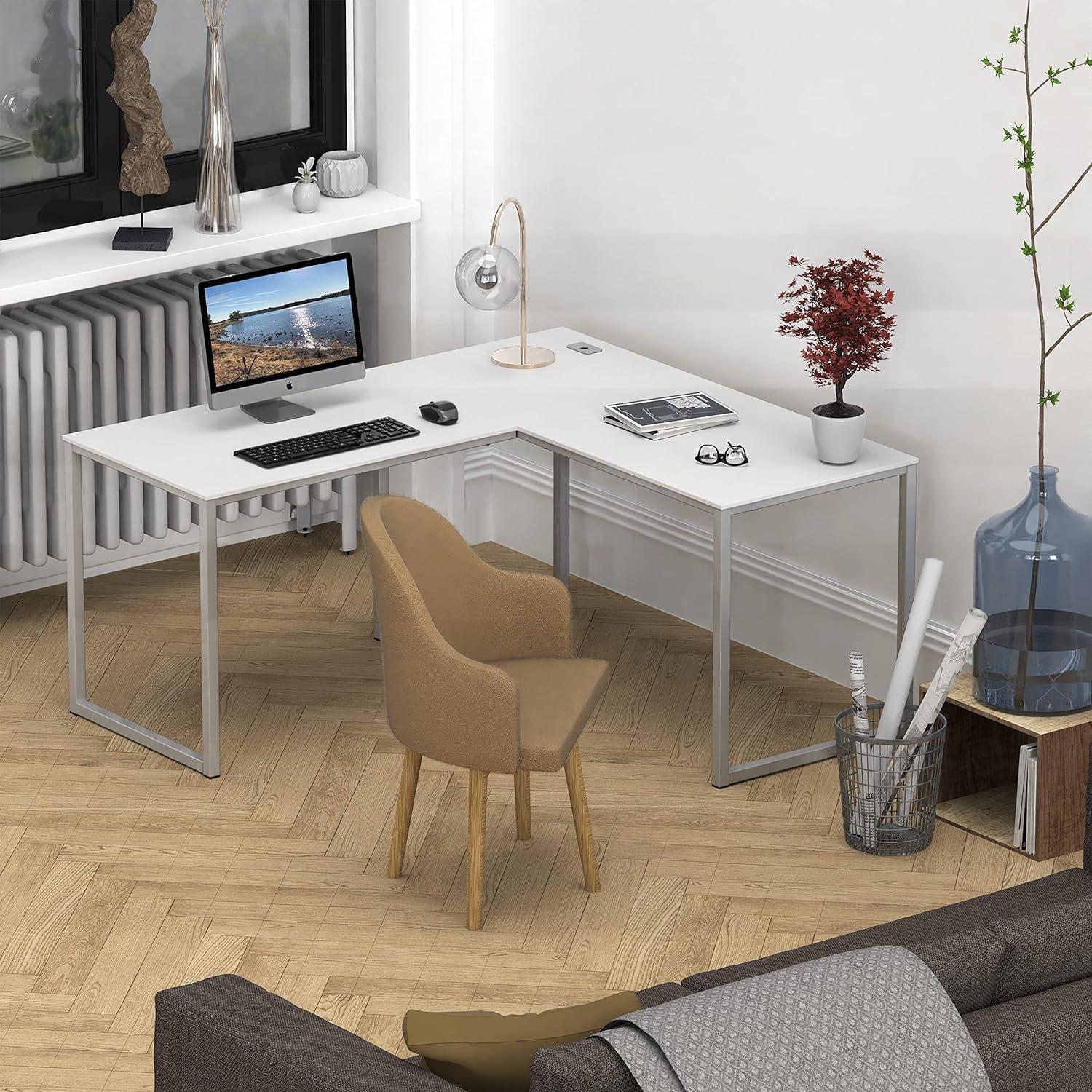 White Modern L-Shaped Corner Computer Desk with Drawer