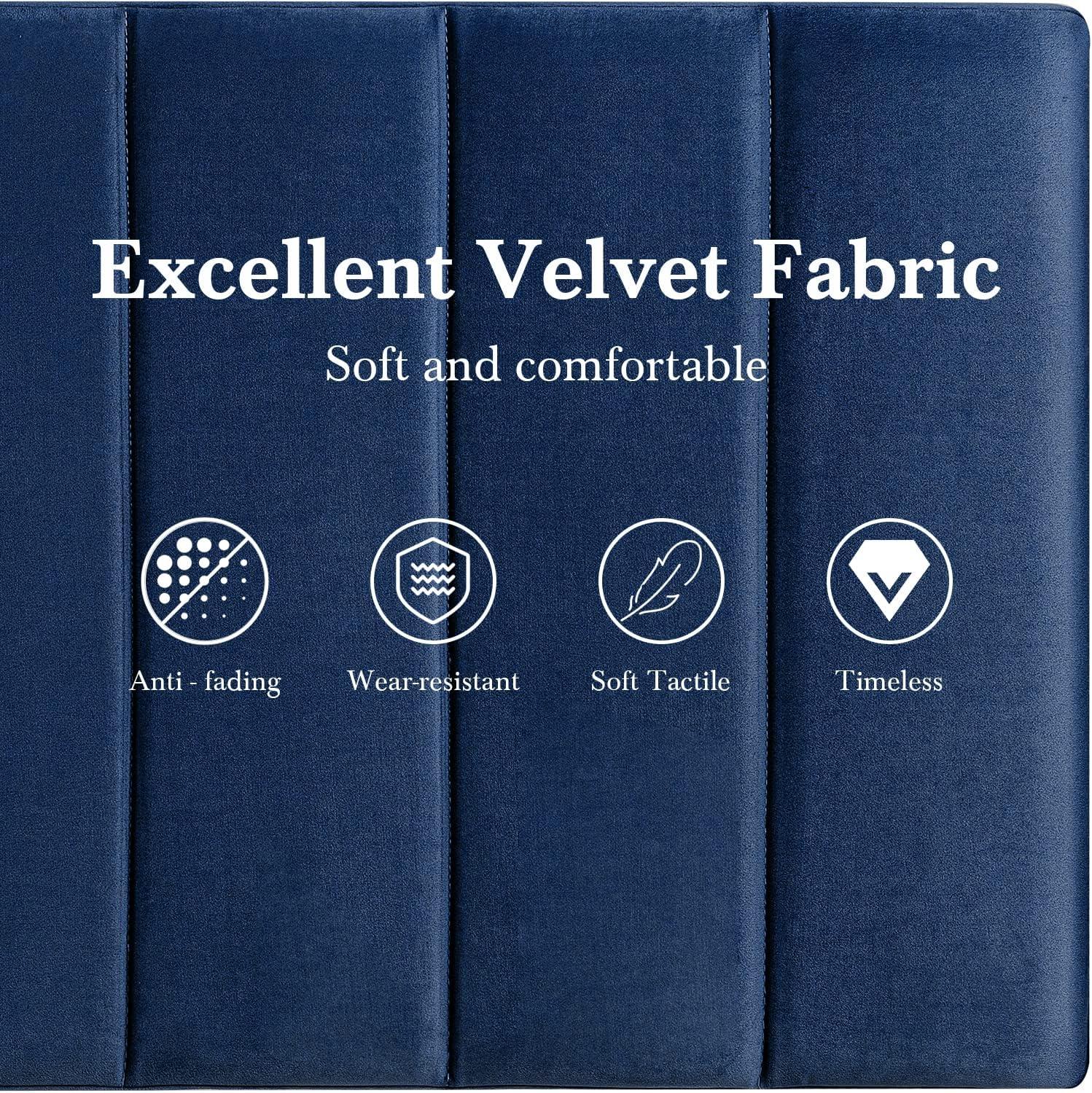 BizChair King Upholstered Platform Bed with Vertical Stitched Wingback Headboard, Slatted Mattress Foundation, No Box Spring Needed, Navy Velvet