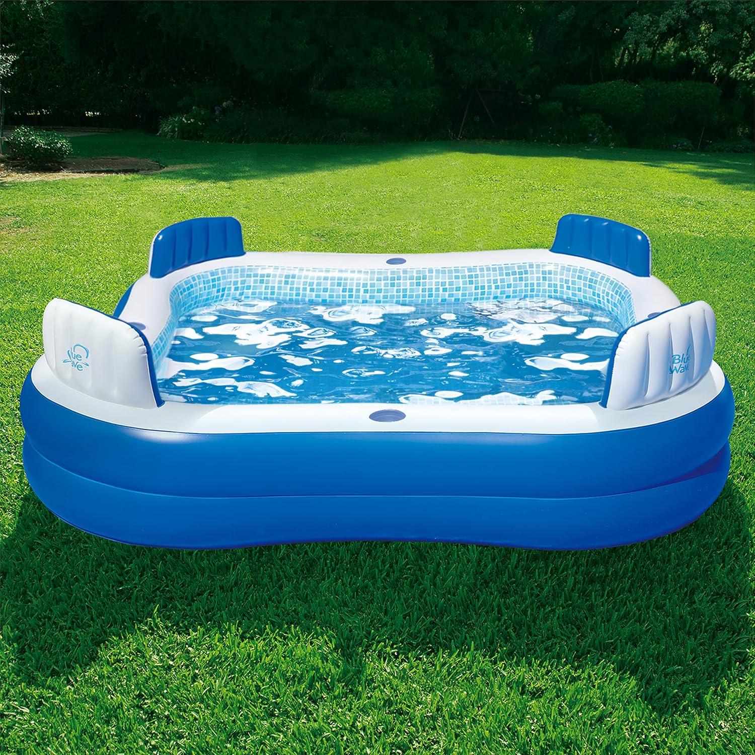 Blue and White Square Inflatable Pool with Cushioned Seats