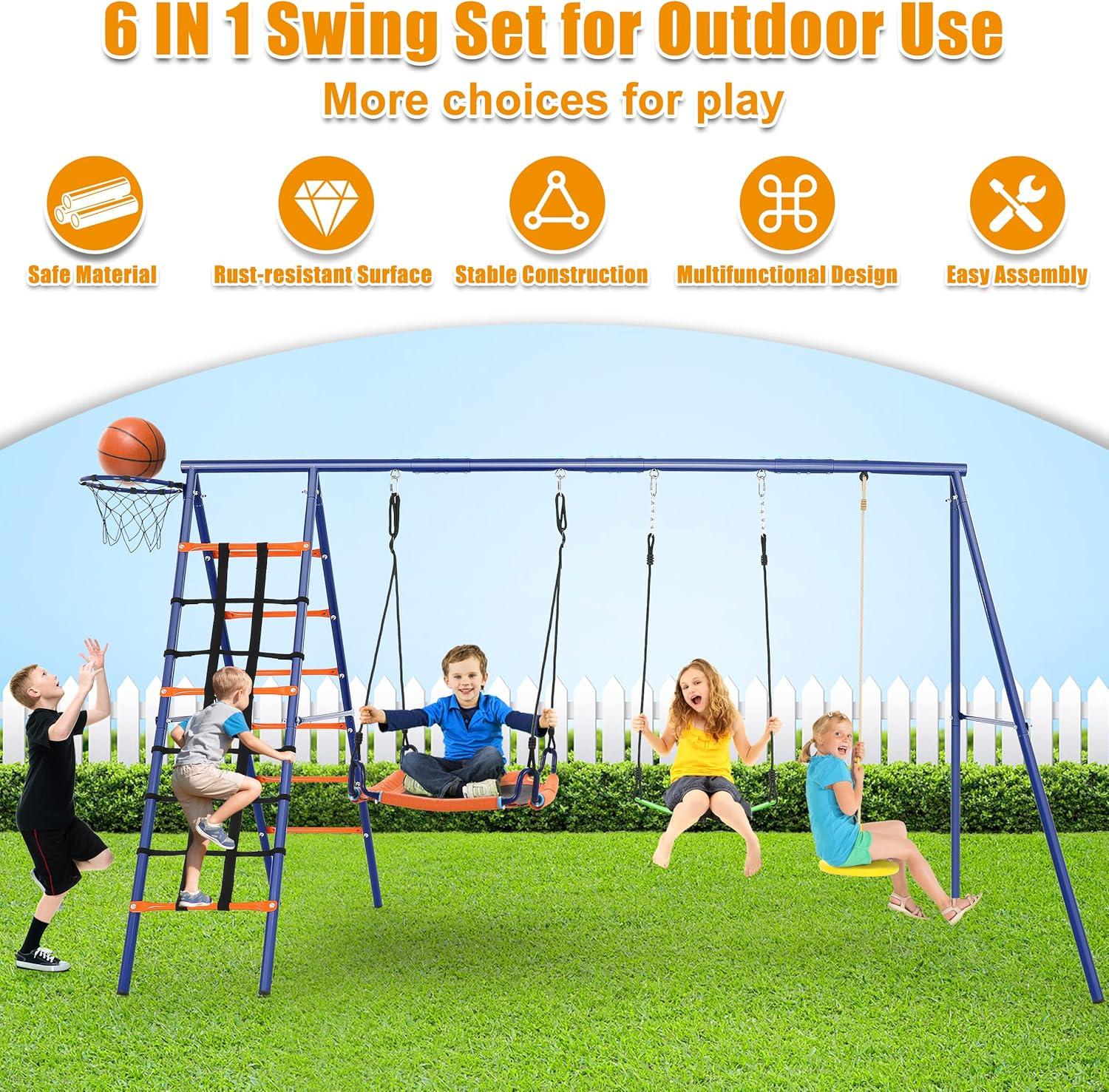 Heavy Duty Blue and Orange Metal Swing Set with Climbing Net