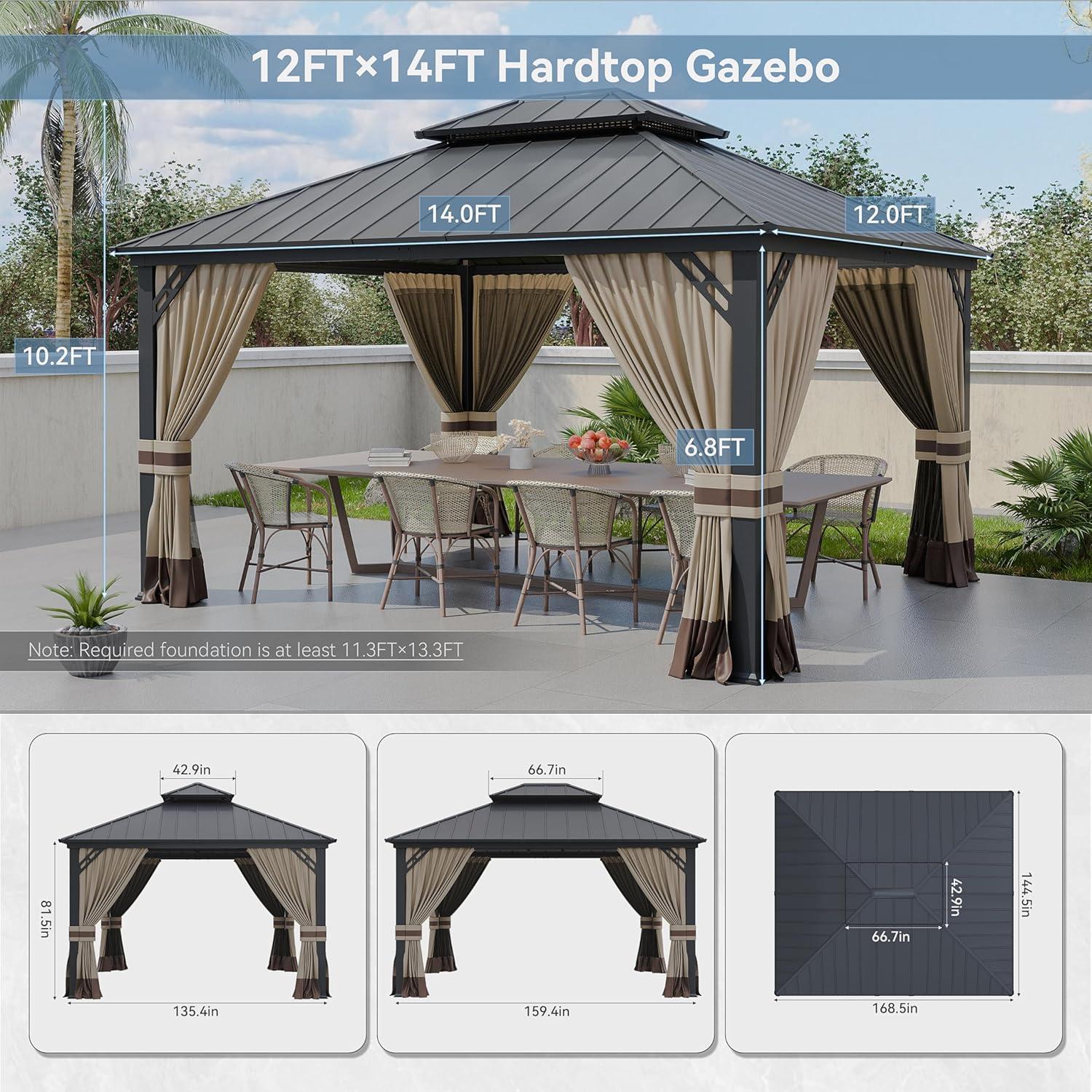 10 ft. x 12 ft. Brown Hardtop Wall Mounted Gazebo with Sloping Pitched Roof and Curtain Sand