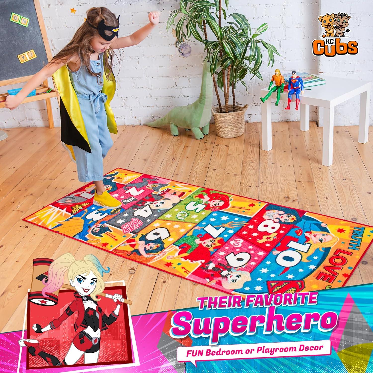 KC CUBS | Justice League Girls Kids Hopscotch Number Counting Educational Learning & Game Play Nursery Bedroom Classroom Rug Carpet, 2' 7" x 6' 0"