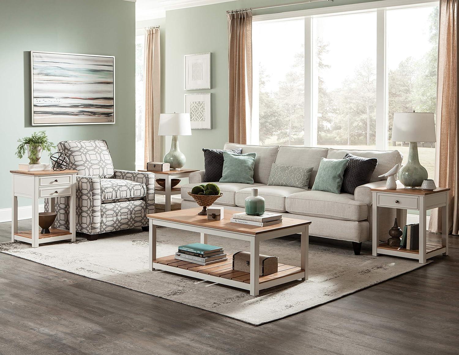 Modern Cottage Ivory and Natural Wood Square End Table with Shelves