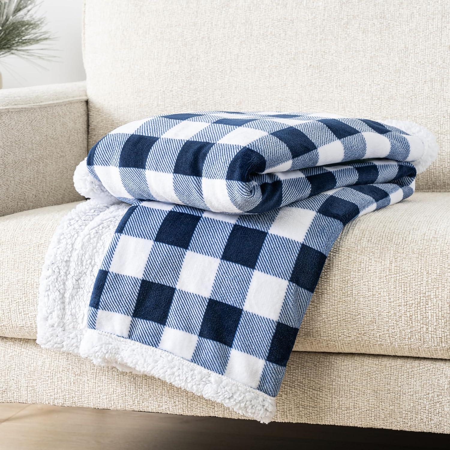 PAVILIA Buffalo Plaid Sherpa Blanket Throw | Fuzzy White Navy Blue Checkered Flannel Fleece Blanket for Couch Bed | Fluffy Warm Soft Plush Microfiber Blanket | 50x60