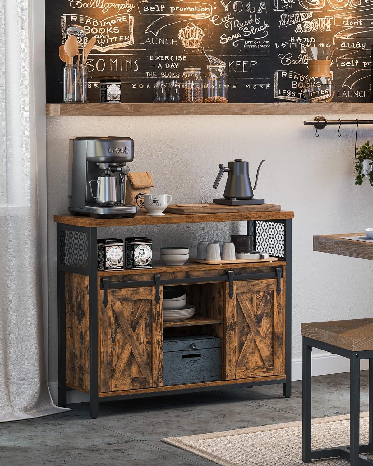 VASAGLE Buffet Sideboard Storage Cabinet with Adjustable Shelf and Sliding Barn Door Rustic Brown and Black