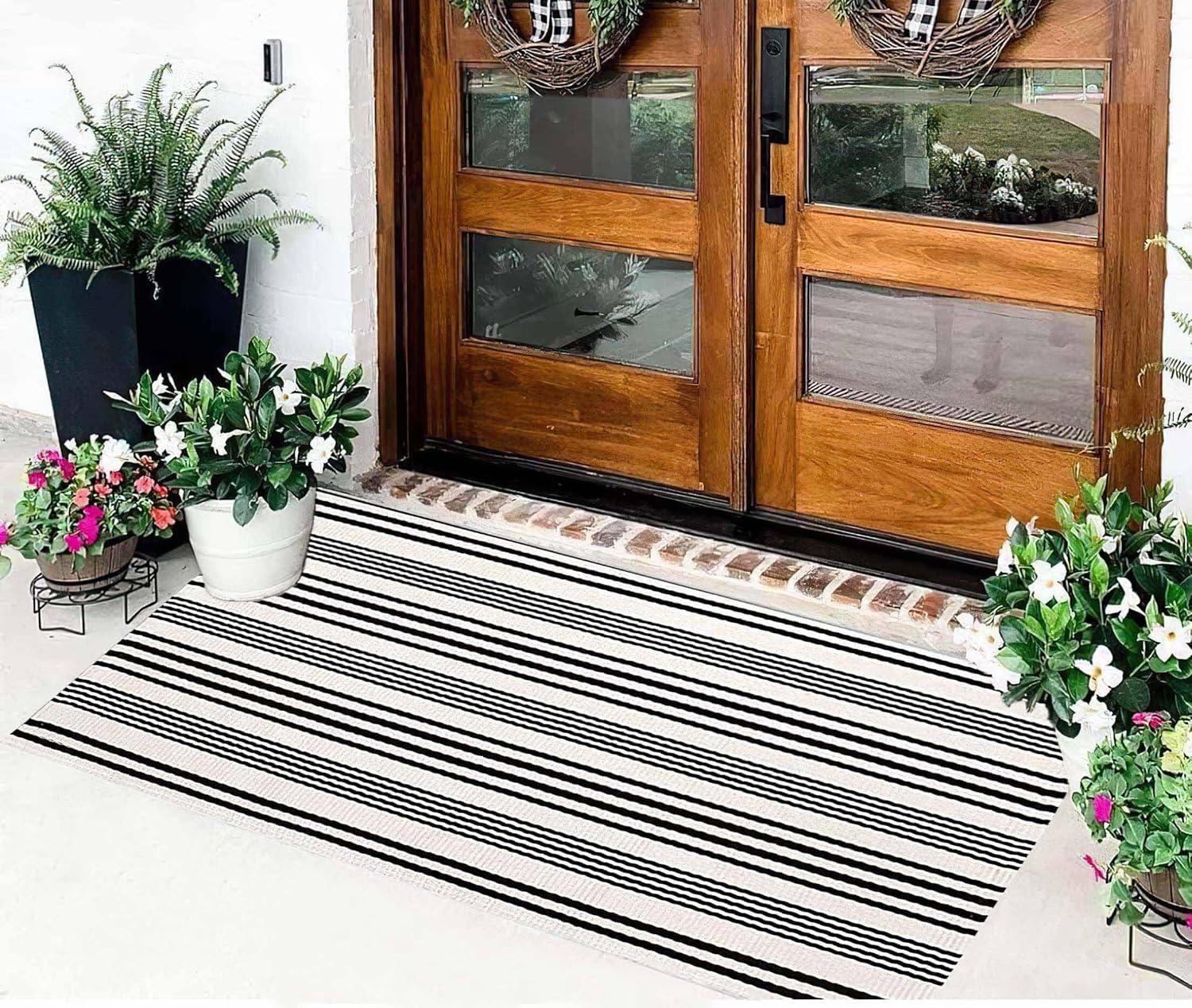 Black and White Striped Hand-Woven Outdoor Rug 24'' x 51''