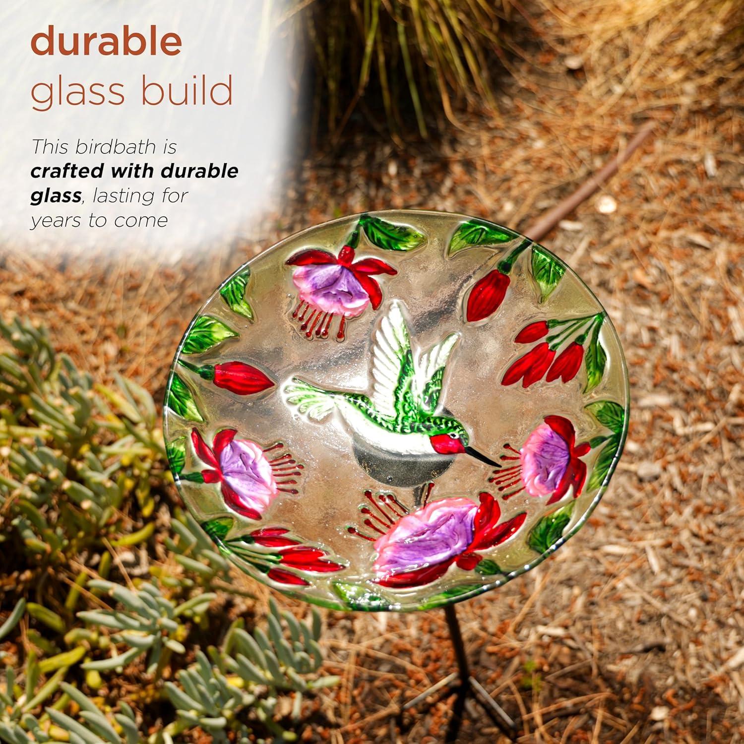 10" Glass Stake Birdbath DHF10 w/Flowers and Hummingbird