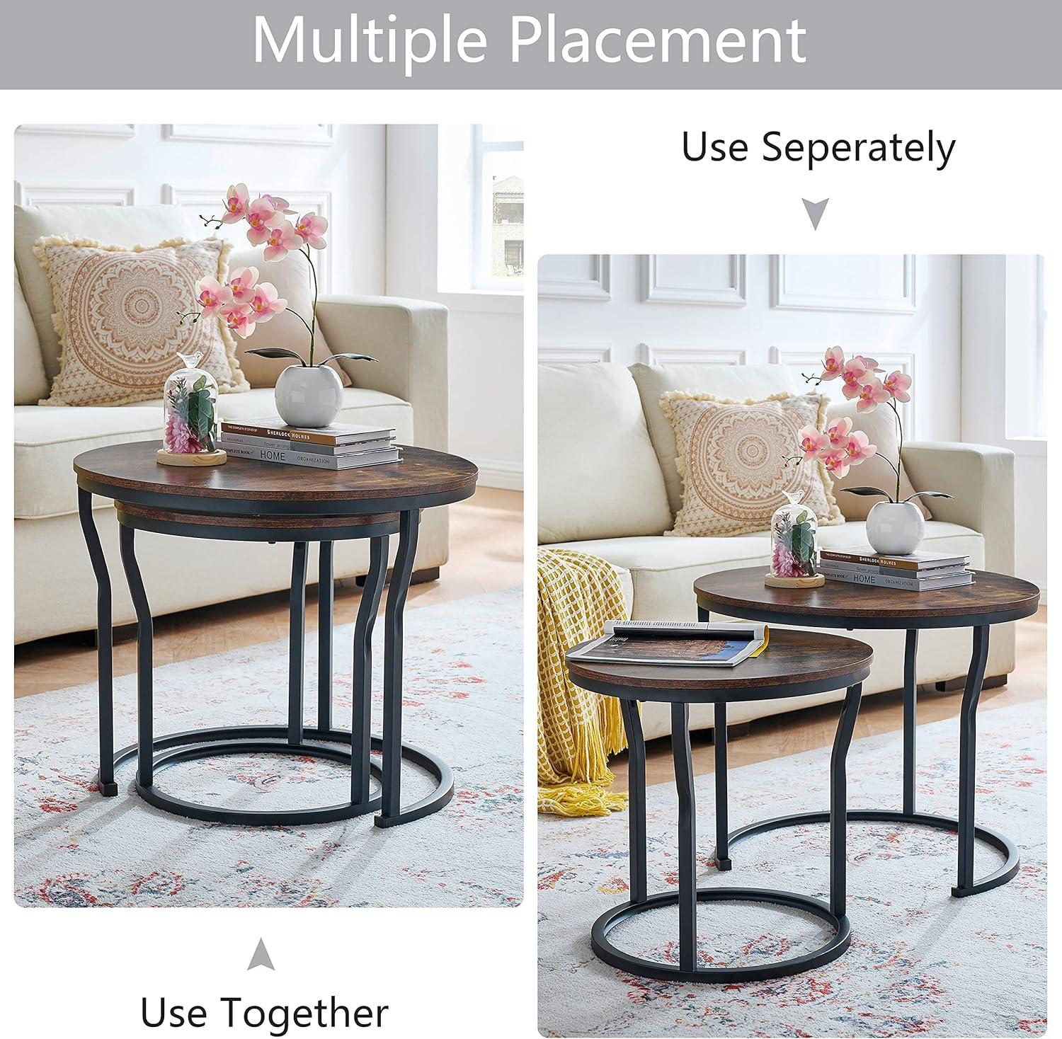 Bennium Industrial Round Nesting Coffee Table Set of 2, Circle Coffee Table Nested Sets Sturdy Stacking Table for Living Room Small Spaces Office, Easy Assemble, Rustic Brown