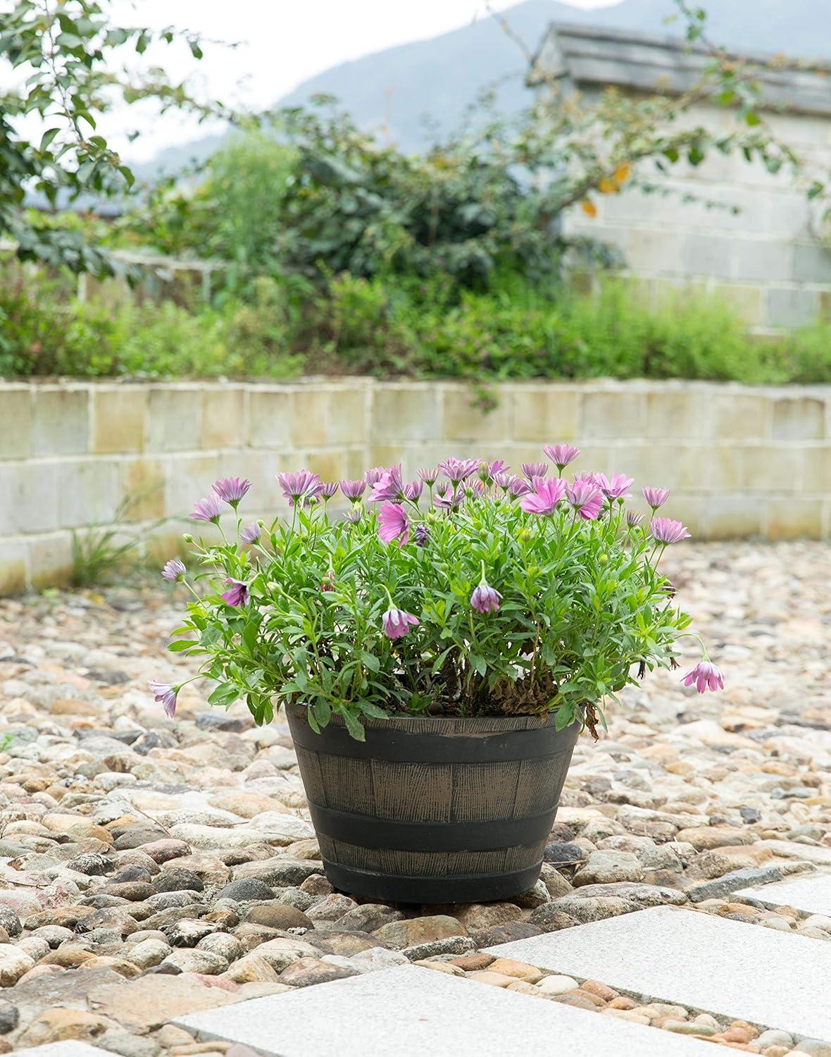 ardenised 4-Piece Round Half Barrel Flower Pots Rustic Farmhouse Style Faux Wood Planter Containers for Indoor & Outdoor Use