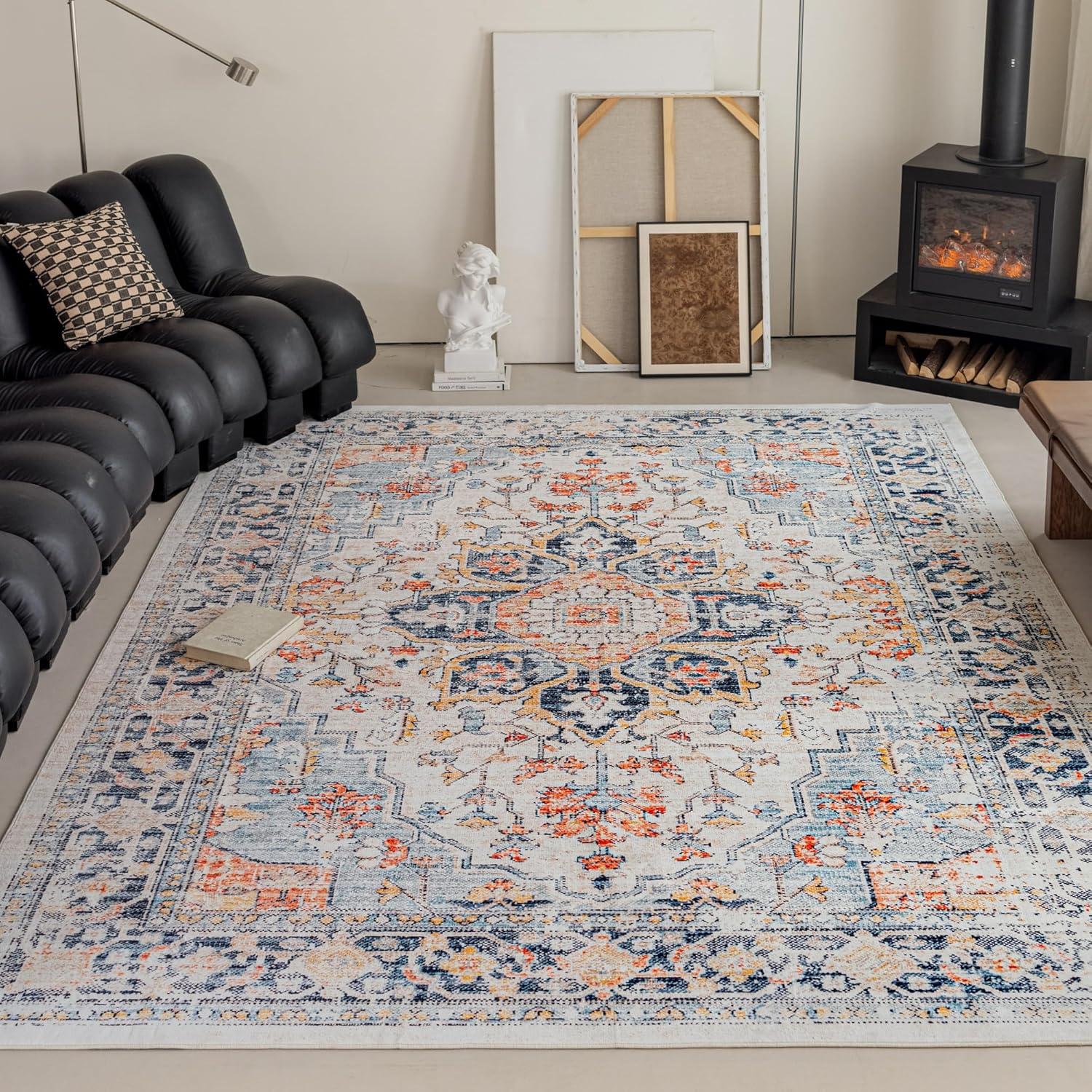 VK VK·LIVING 9x12 Area Rug Washable Rugs for Living Room Rug Vintage Design Boho Rug with Non Slip Living Room Rug Bedroom Carpet Stain Resistant, Home Decor, Blue&Orange