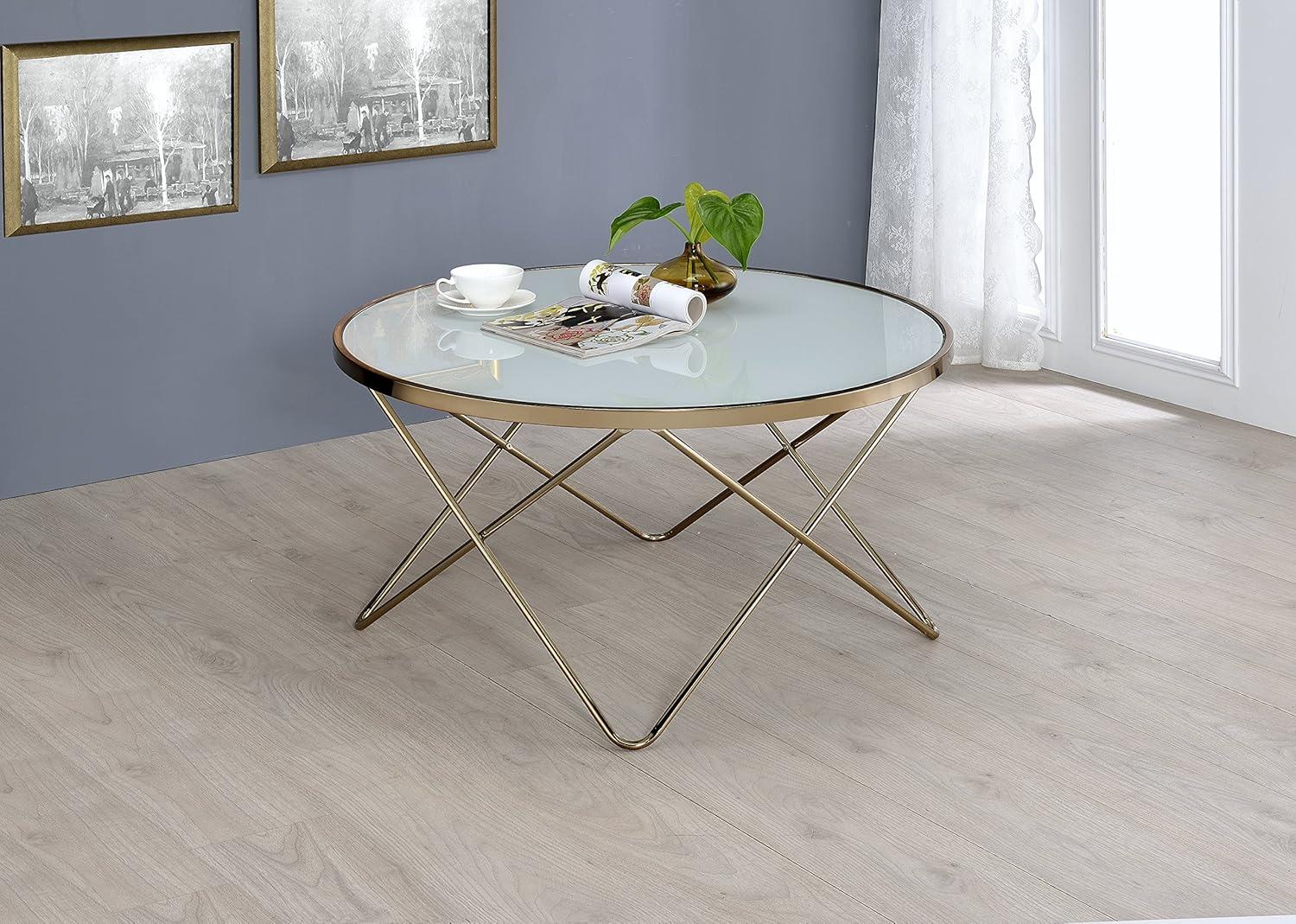 Champagne Elegance Round Glass Coffee Table with Geometric Base