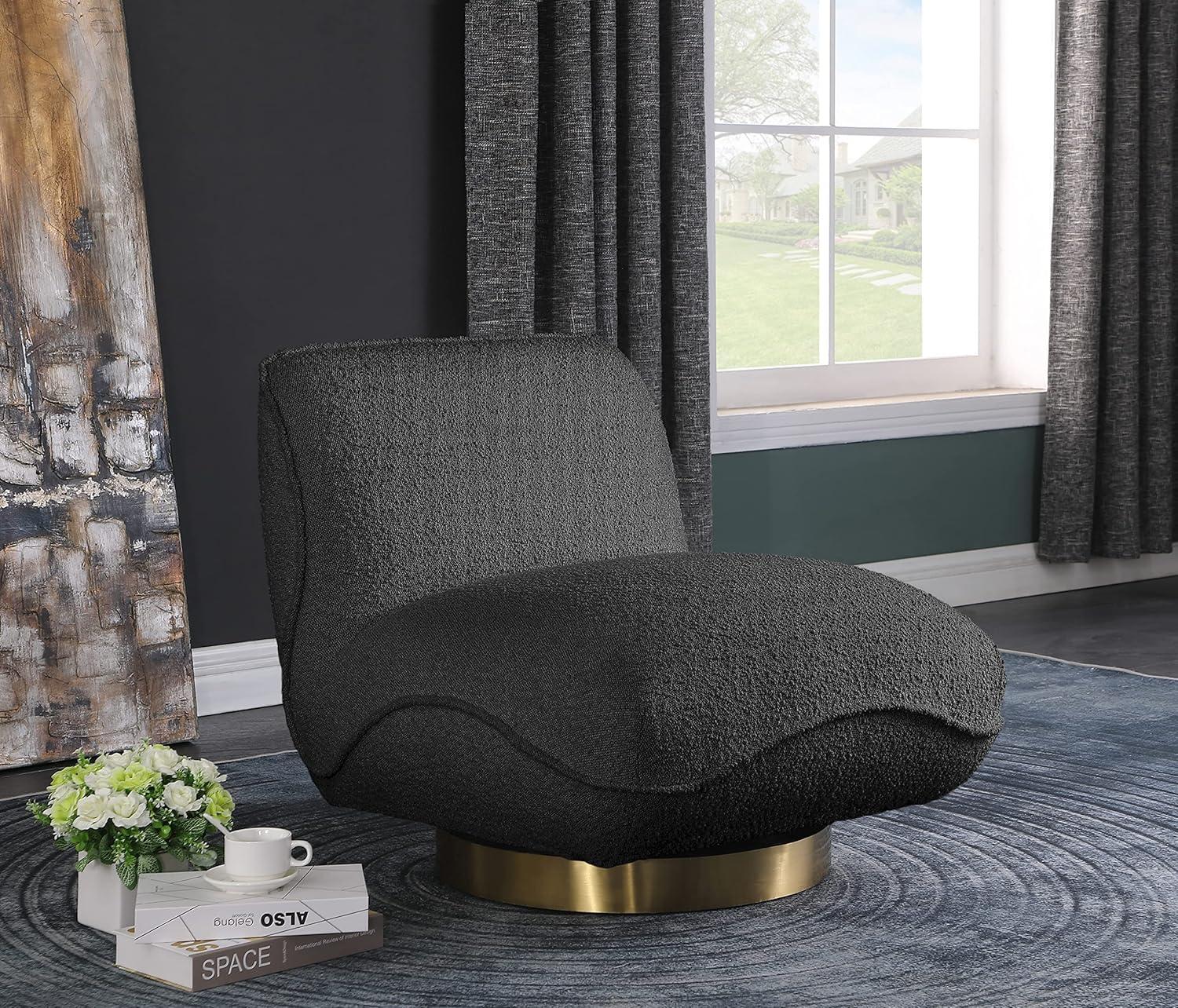 Geneva Black Boucle Fabric Swivel Accent Chair with Gold Base