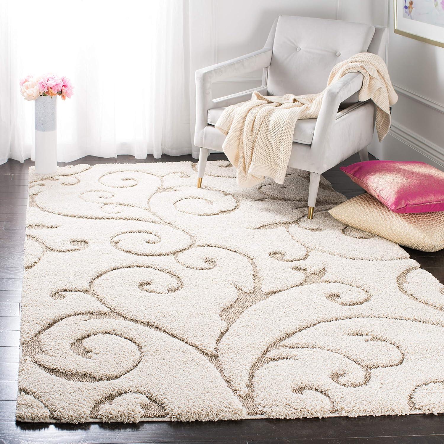 Elegant Cream/Beige Floral Vine Shag Rug, 6' x 9', Synthetic Easy Care