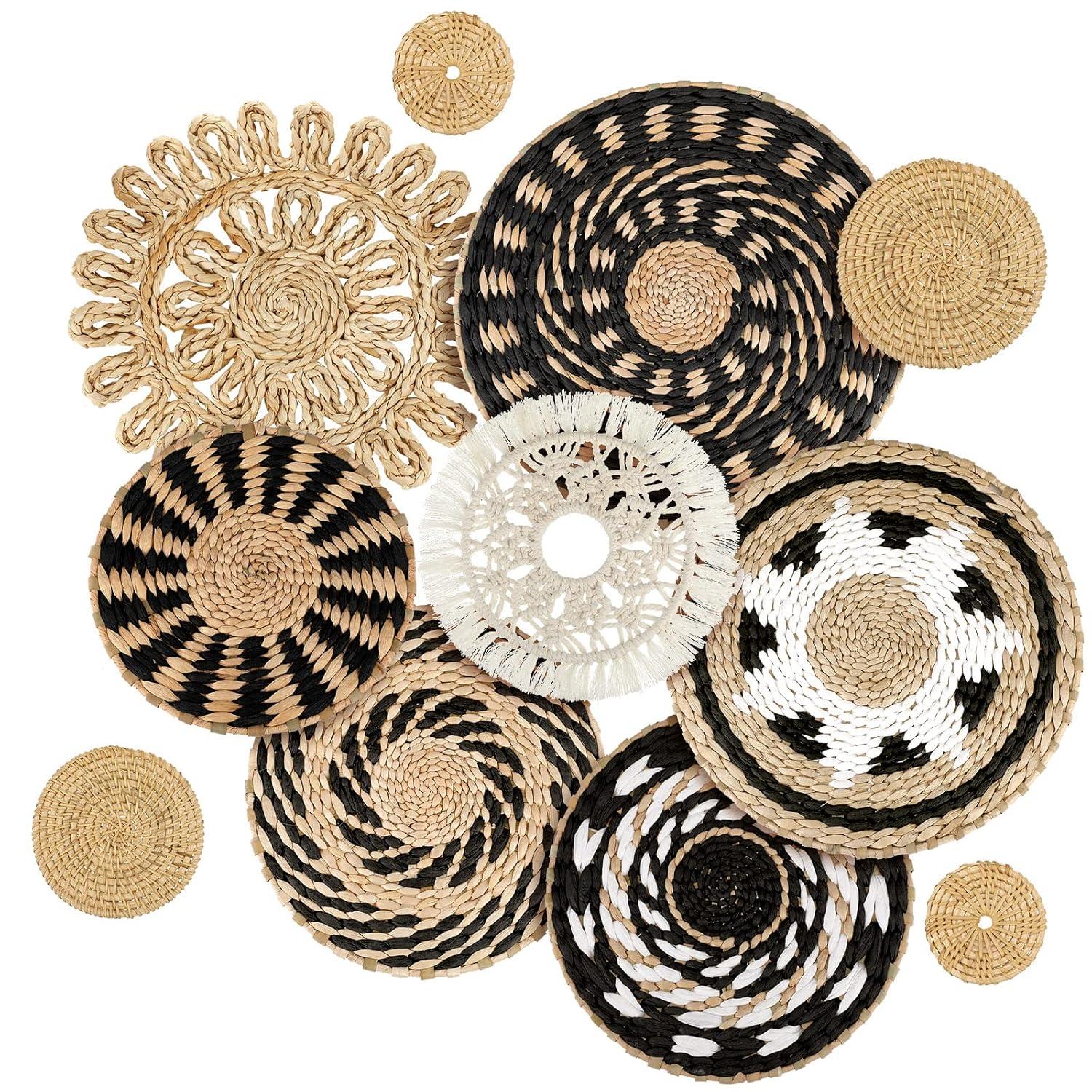 Tatuo 11 Pcs Boho Wall Basket Decor Decorative Bulrush Woven Basket Wall Decor Art Round Farmhouse Hanging Baskets for Kitchen Rustic Home Summer Decorations, Multi Sizes(Retro)