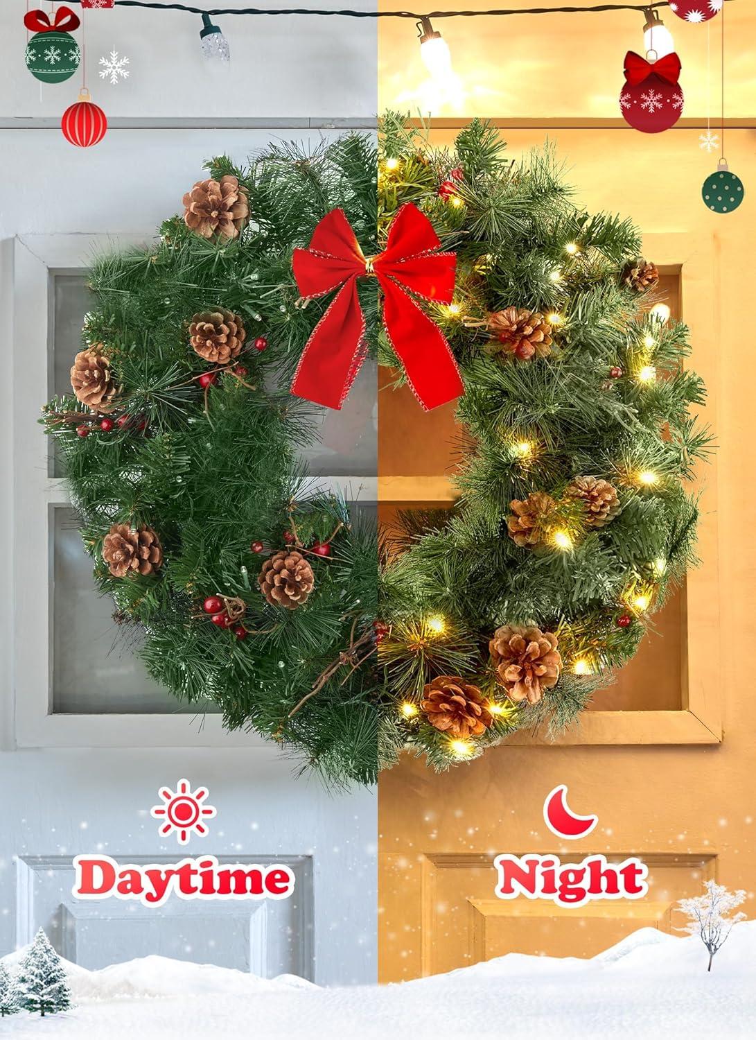 24in Prelit Christmas Wreath Battery Operated 50 Multicolored Lights with Pinecone and Red Berries, Lifelike Snow