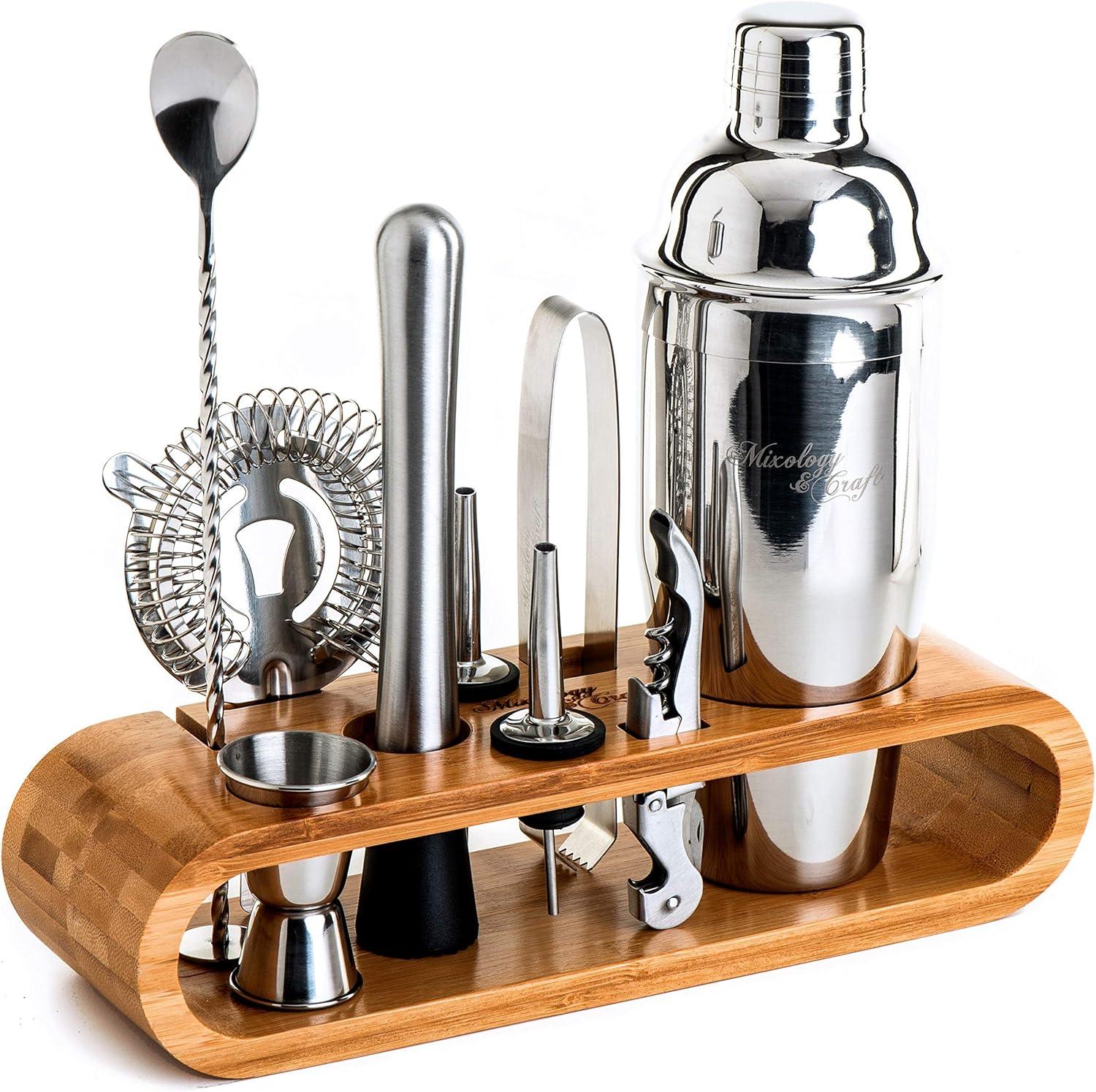 Joyfeel 10Pcs Bartending Tools Set Stainless Steel Cocktail Shaker Kit Mixology Drink Mixer Mixing Glass Measuring Jigger Strainer Muddler Bamboo Rack Bar Accessories for Home Professional Bartenders