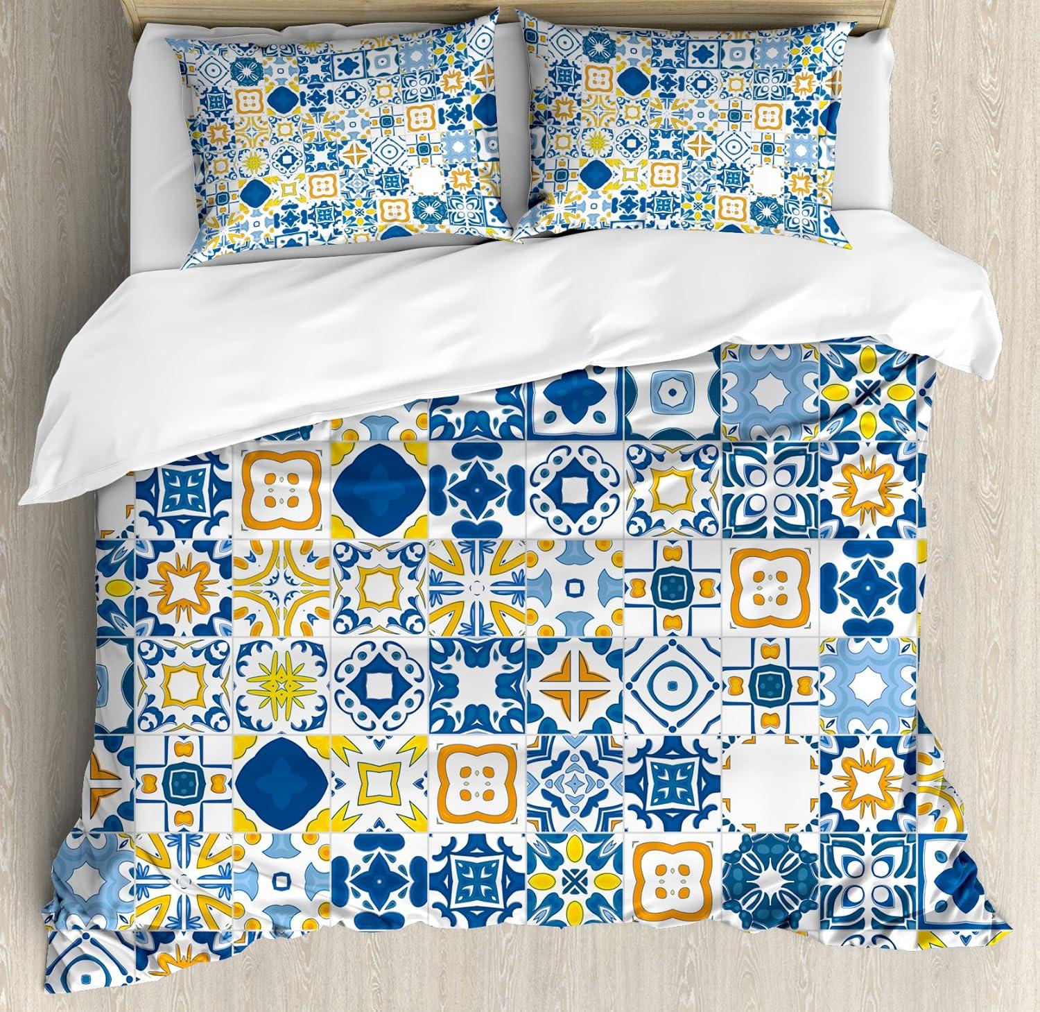 Queen Blue and Yellow Mosaic Microfiber Duvet Cover Set